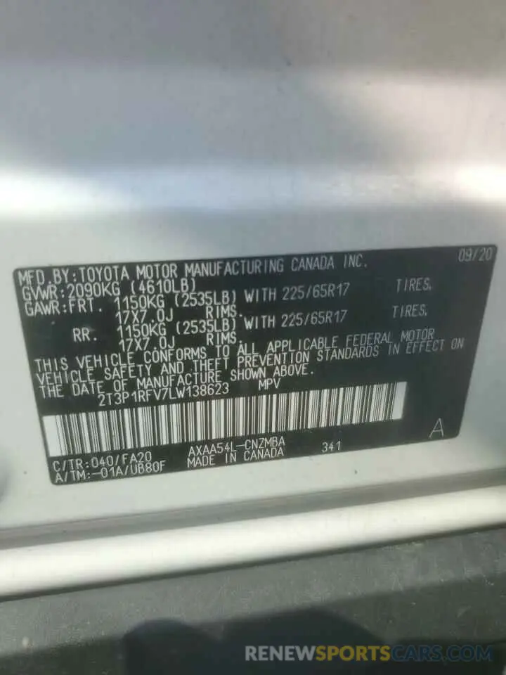 13 Photograph of a damaged car 2T3P1RFV7LW138623 TOYOTA RAV4 2020