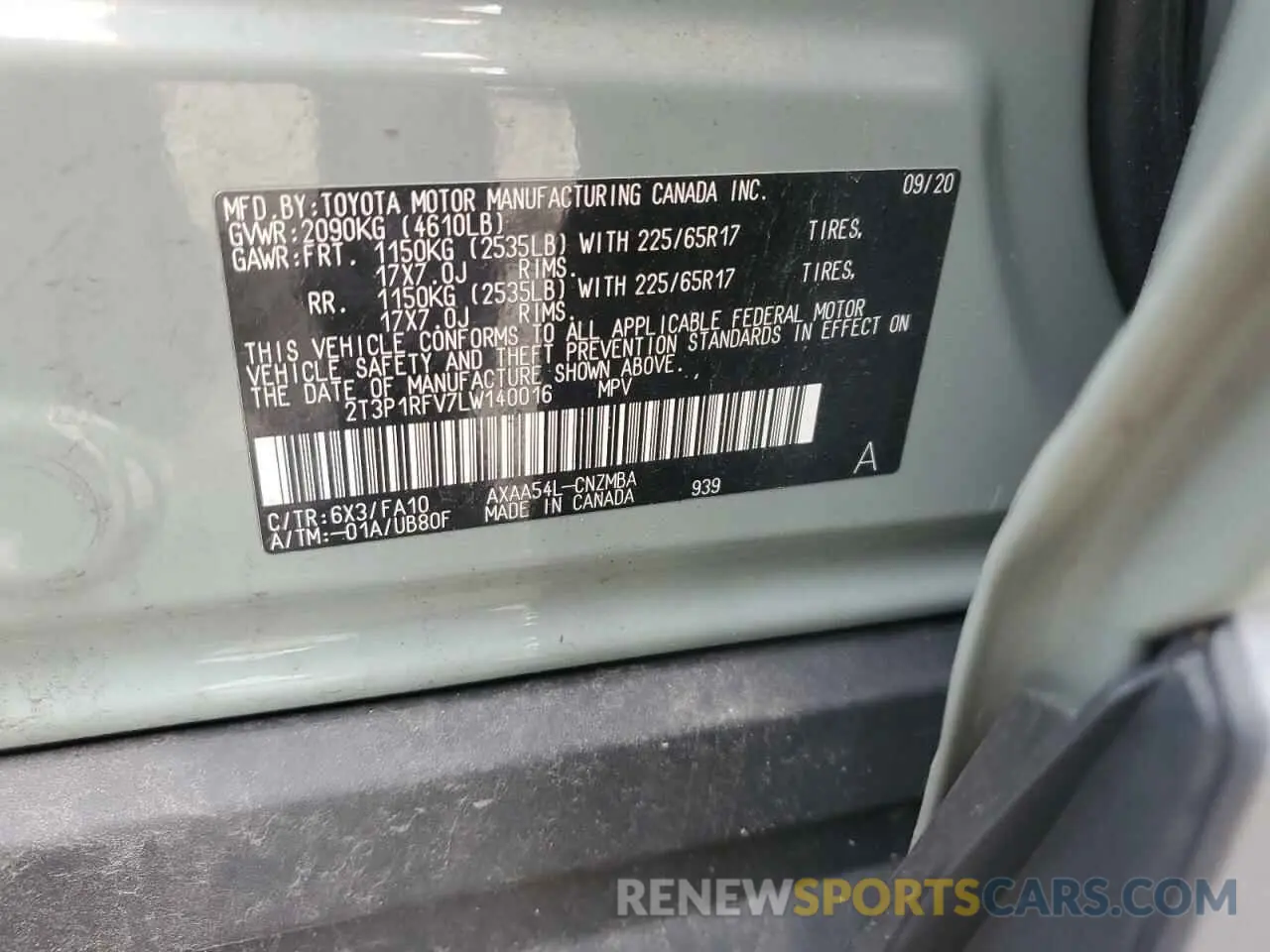 13 Photograph of a damaged car 2T3P1RFV7LW140016 TOYOTA RAV4 2020