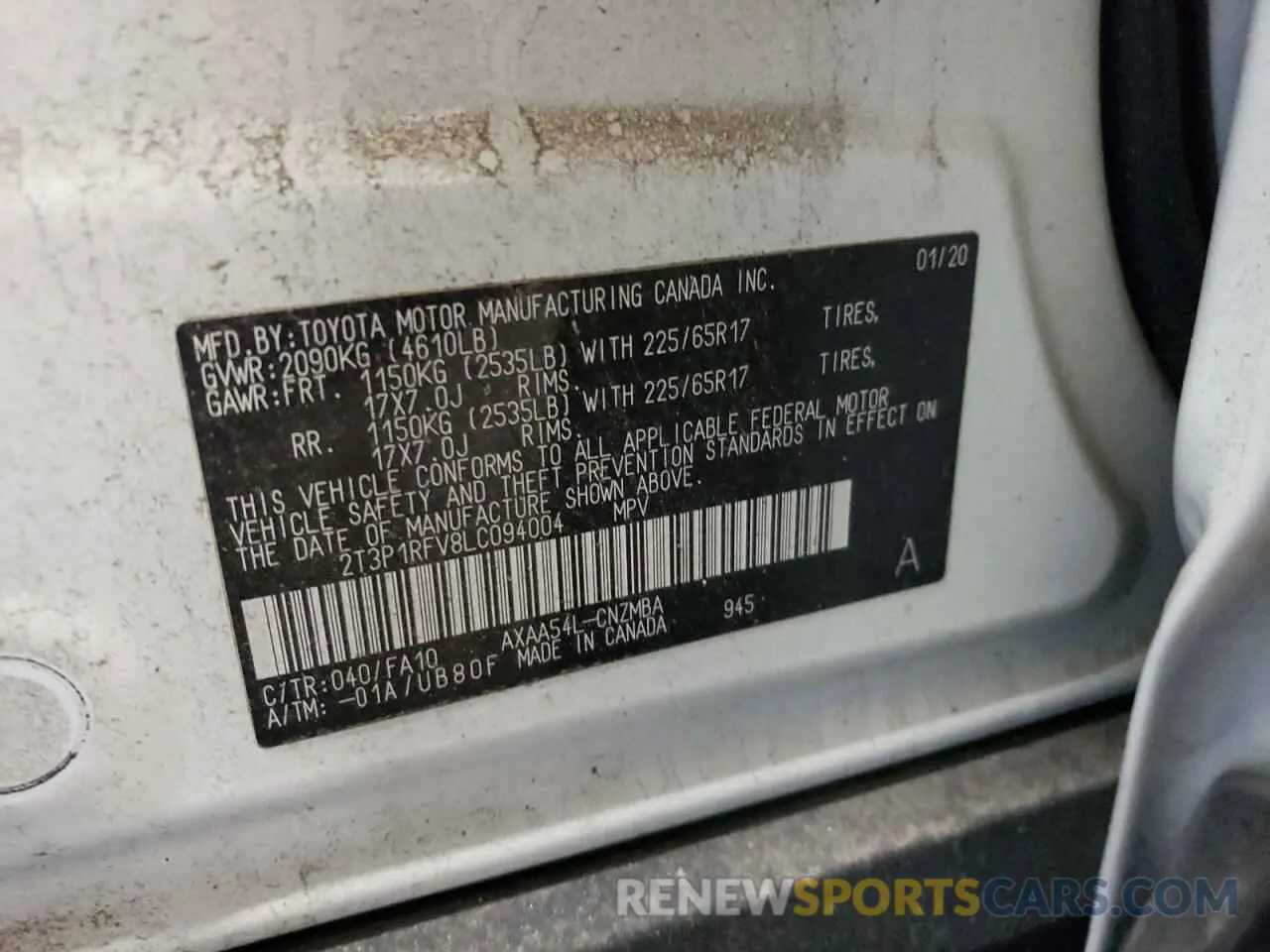 13 Photograph of a damaged car 2T3P1RFV8LC094004 TOYOTA RAV4 2020
