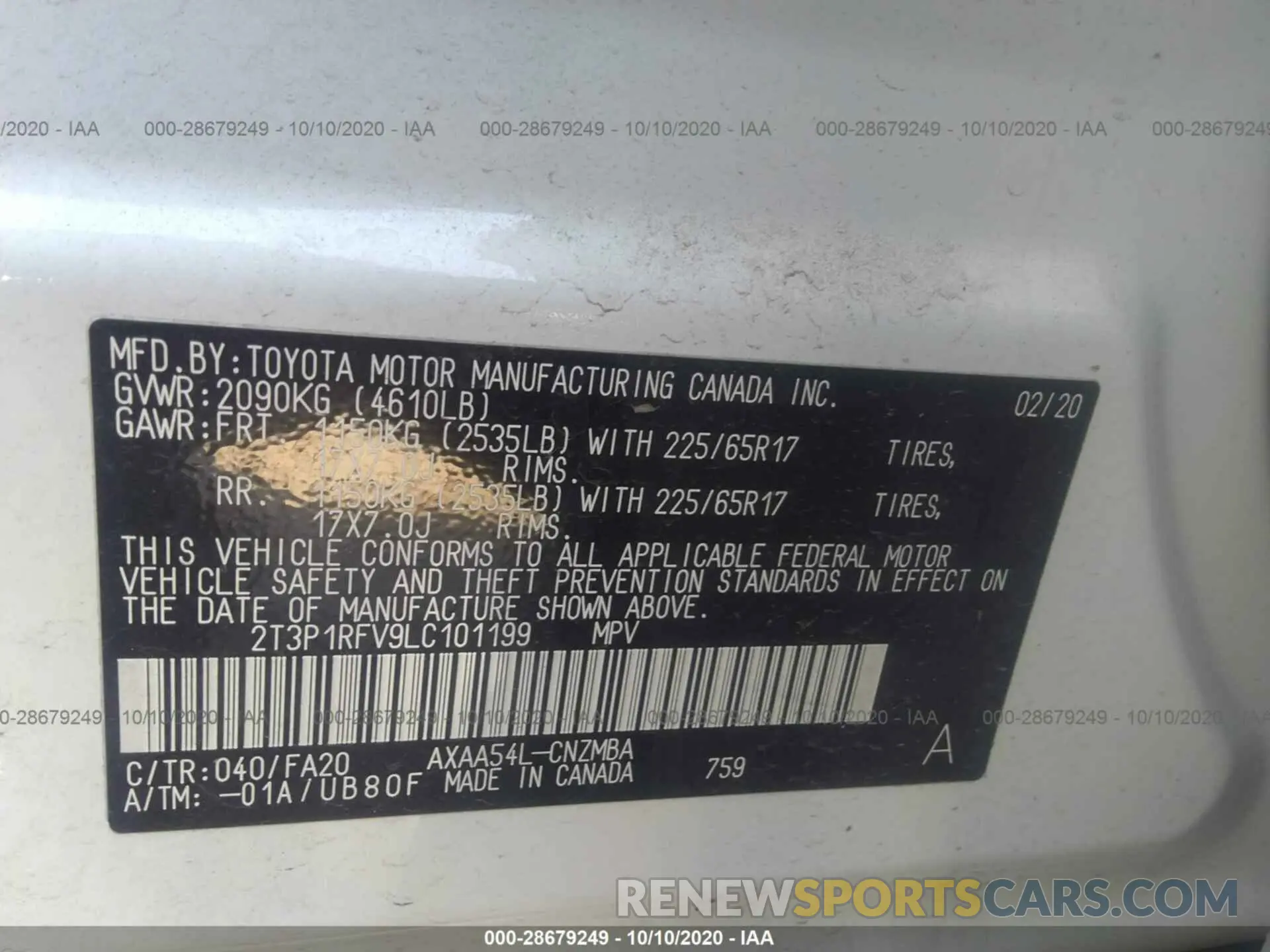 9 Photograph of a damaged car 2T3P1RFV9LC101199 TOYOTA RAV4 2020