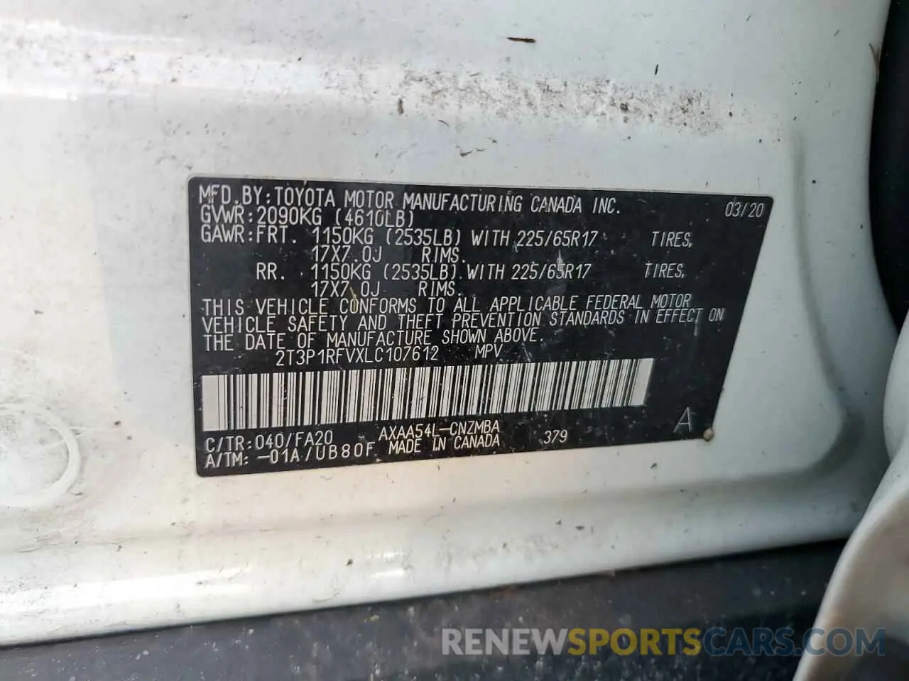 14 Photograph of a damaged car 2T3P1RFVXLC107612 TOYOTA RAV4 2020