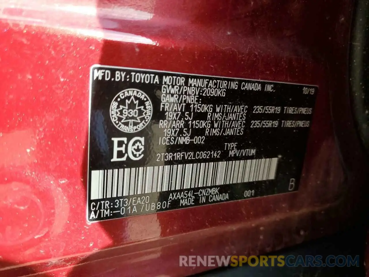 14 Photograph of a damaged car 2T3R1RFV2LC062142 TOYOTA RAV4 2020