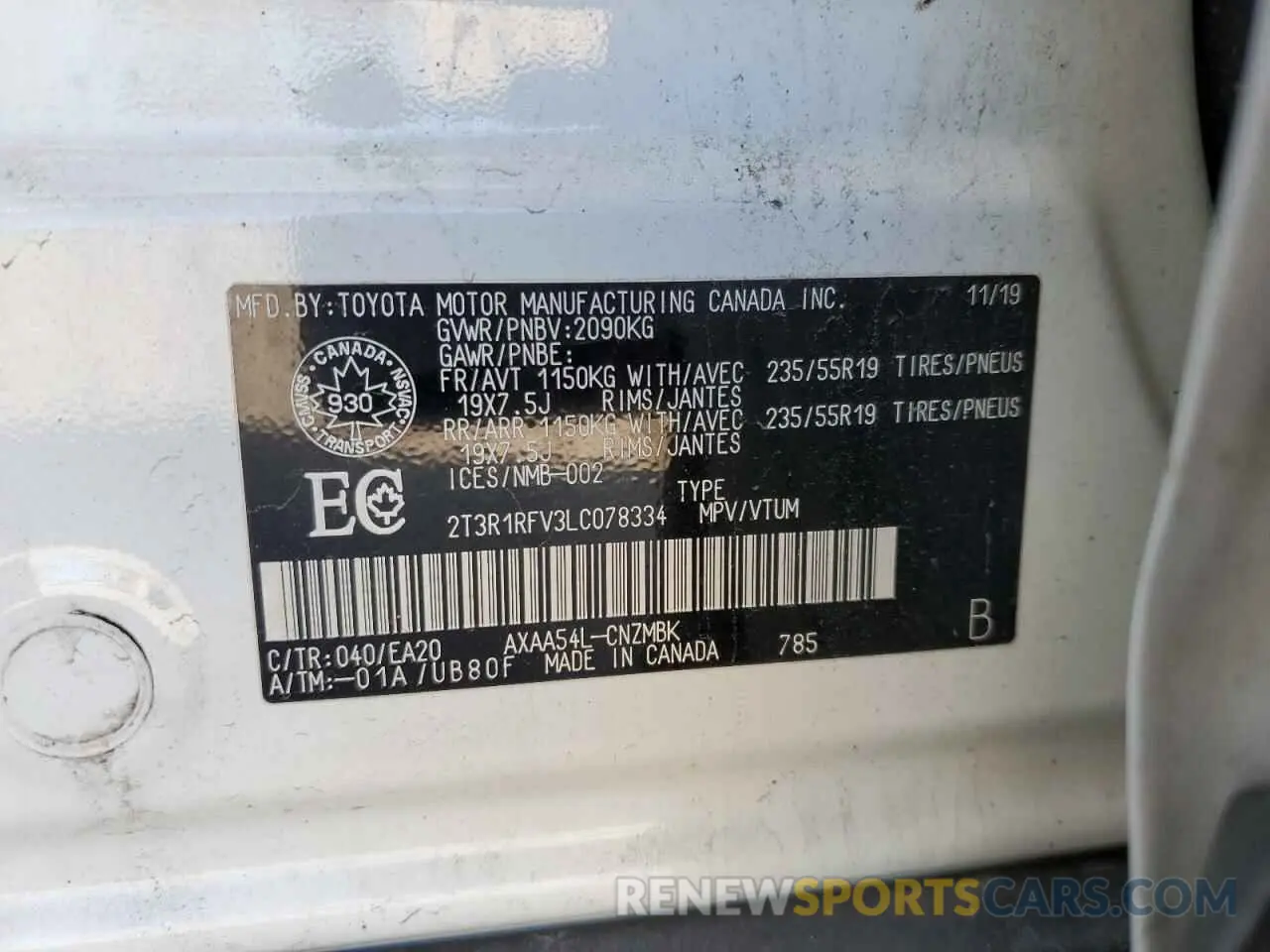 13 Photograph of a damaged car 2T3R1RFV3LC078334 TOYOTA RAV4 2020