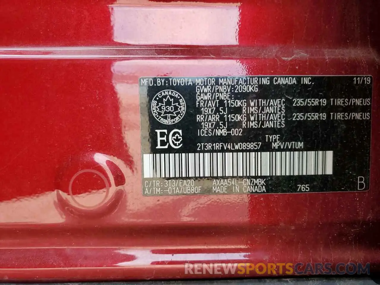 13 Photograph of a damaged car 2T3R1RFV4LW089857 TOYOTA RAV4 2020