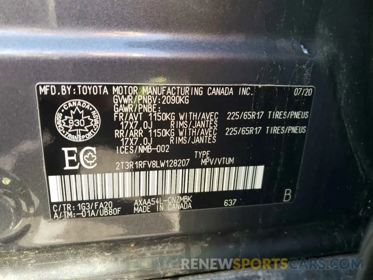 13 Photograph of a damaged car 2T3R1RFV8LW128207 TOYOTA RAV4 2020