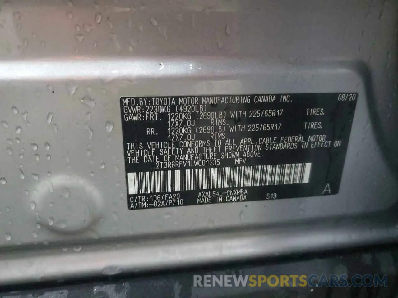 13 Photograph of a damaged car 2T3R6RFV1LW001235 TOYOTA RAV4 2020