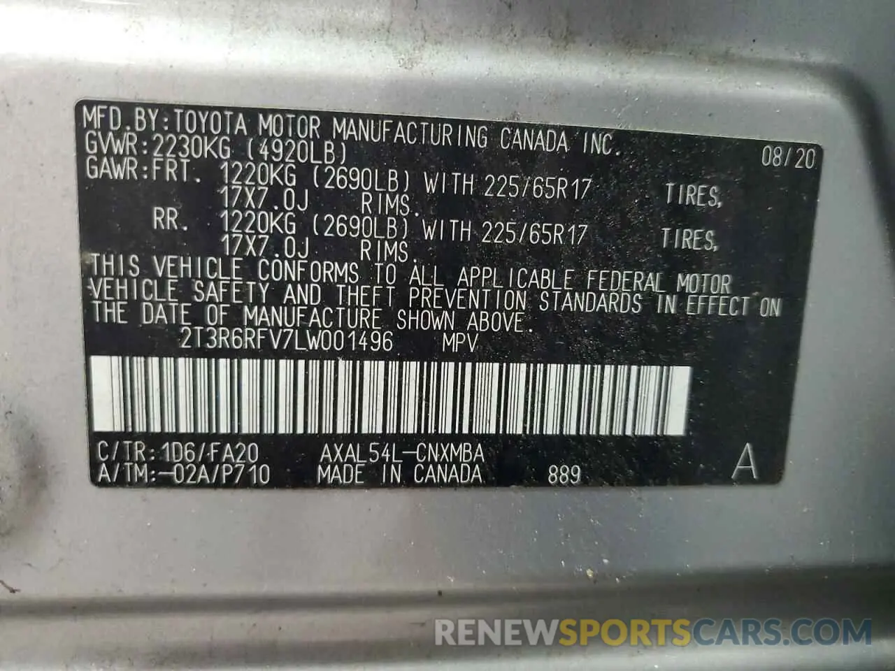 13 Photograph of a damaged car 2T3R6RFV7LW001496 TOYOTA RAV4 2020