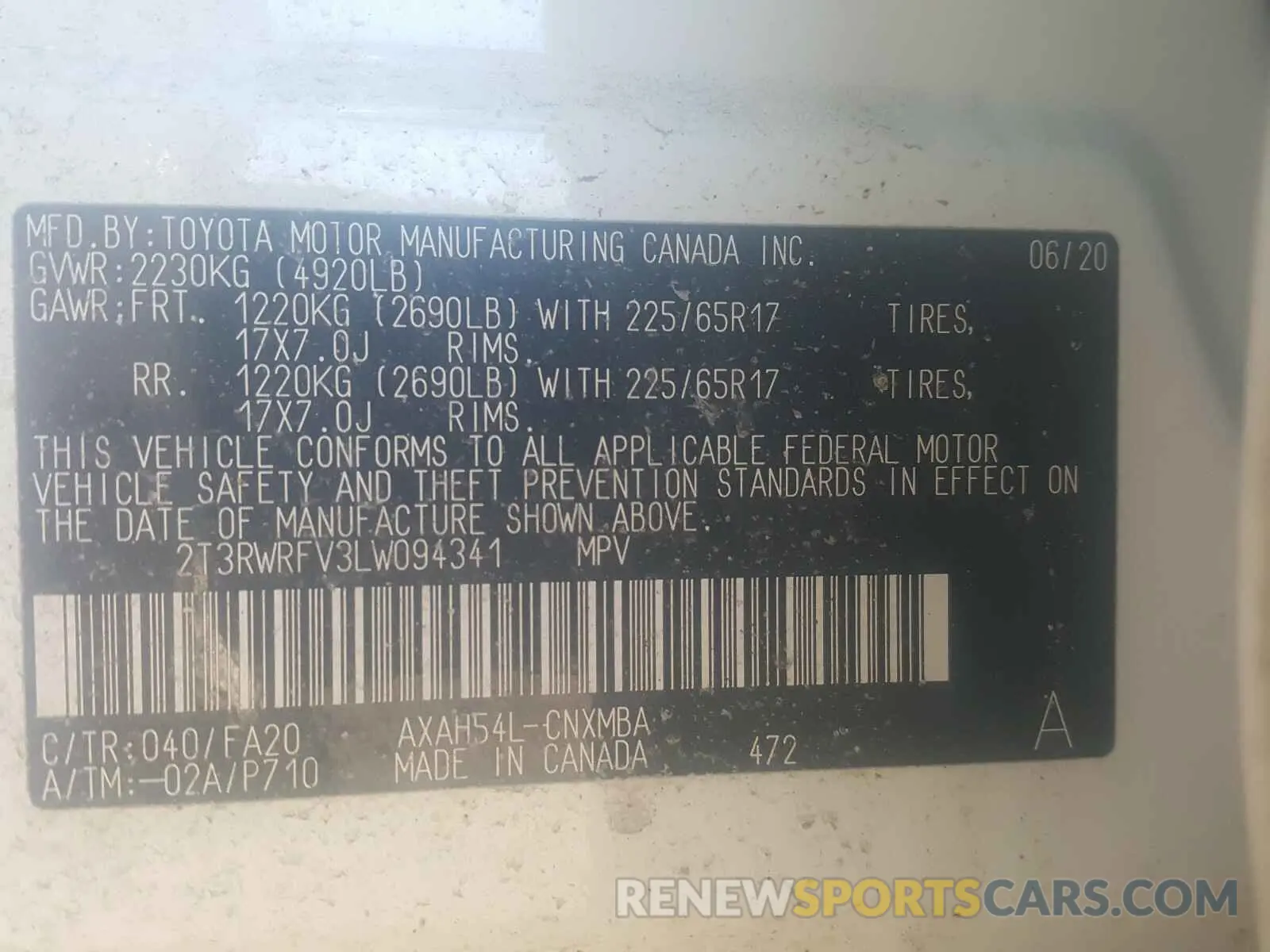 10 Photograph of a damaged car 2T3RWRFV3LW094341 TOYOTA RAV4 2020