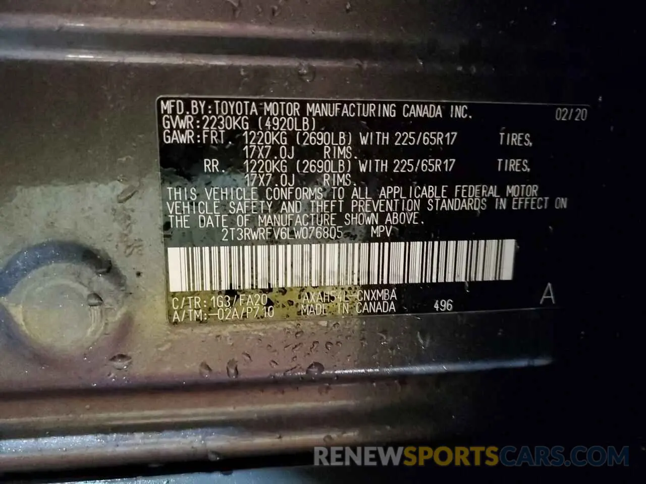 14 Photograph of a damaged car 2T3RWRFV6LW076805 TOYOTA RAV4 2020