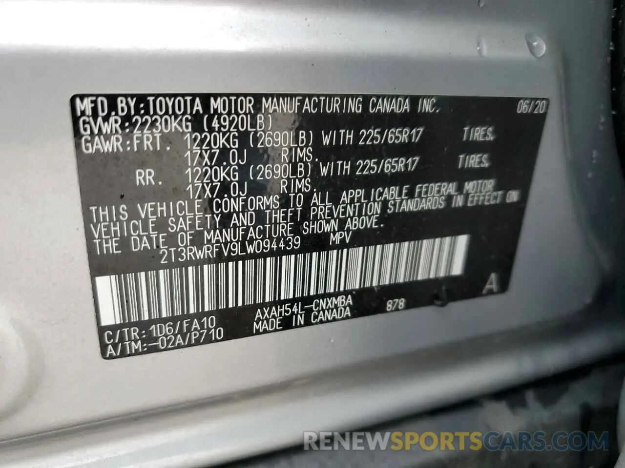 13 Photograph of a damaged car 2T3RWRFV9LW094439 TOYOTA RAV4 2020