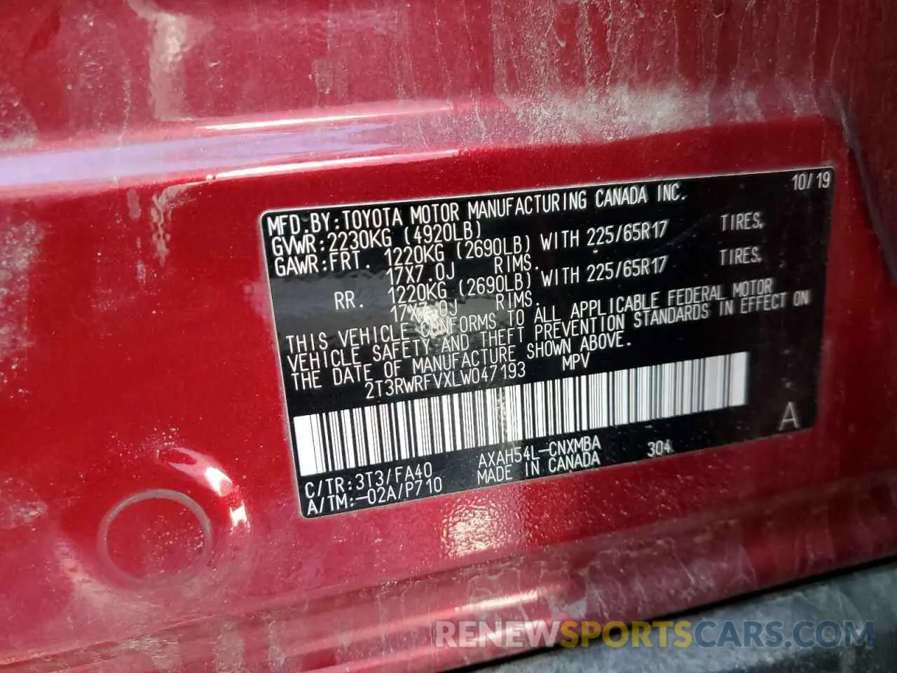 13 Photograph of a damaged car 2T3RWRFVXLW047193 TOYOTA RAV4 2020