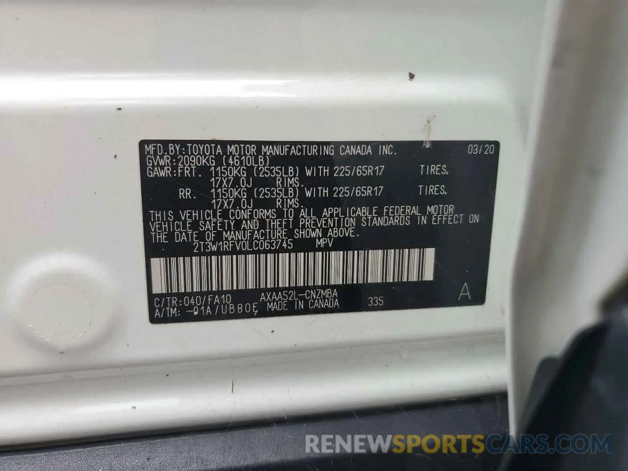 14 Photograph of a damaged car 2T3W1RFV0LC063745 TOYOTA RAV4 2020