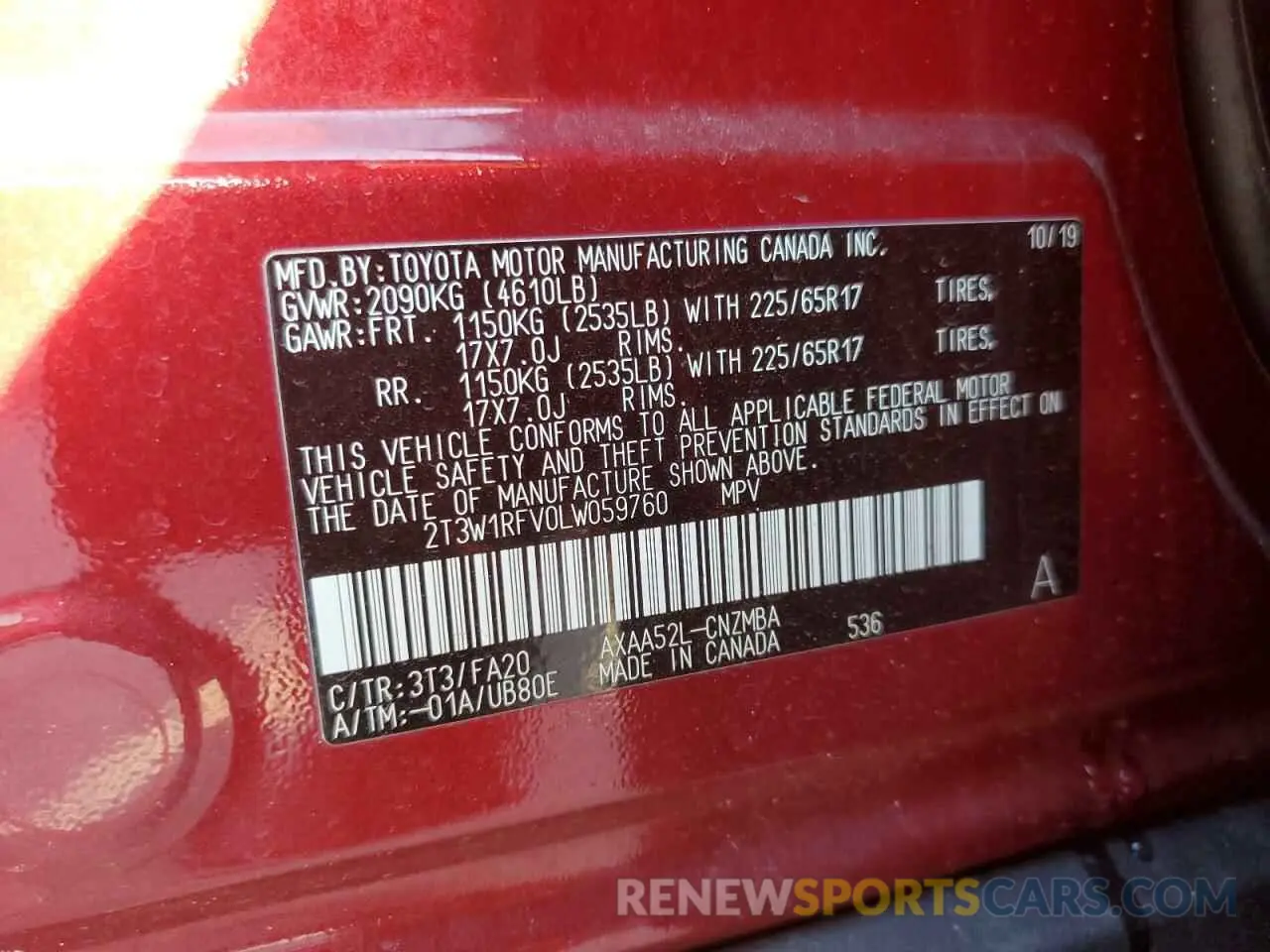 13 Photograph of a damaged car 2T3W1RFV0LW059760 TOYOTA RAV4 2020