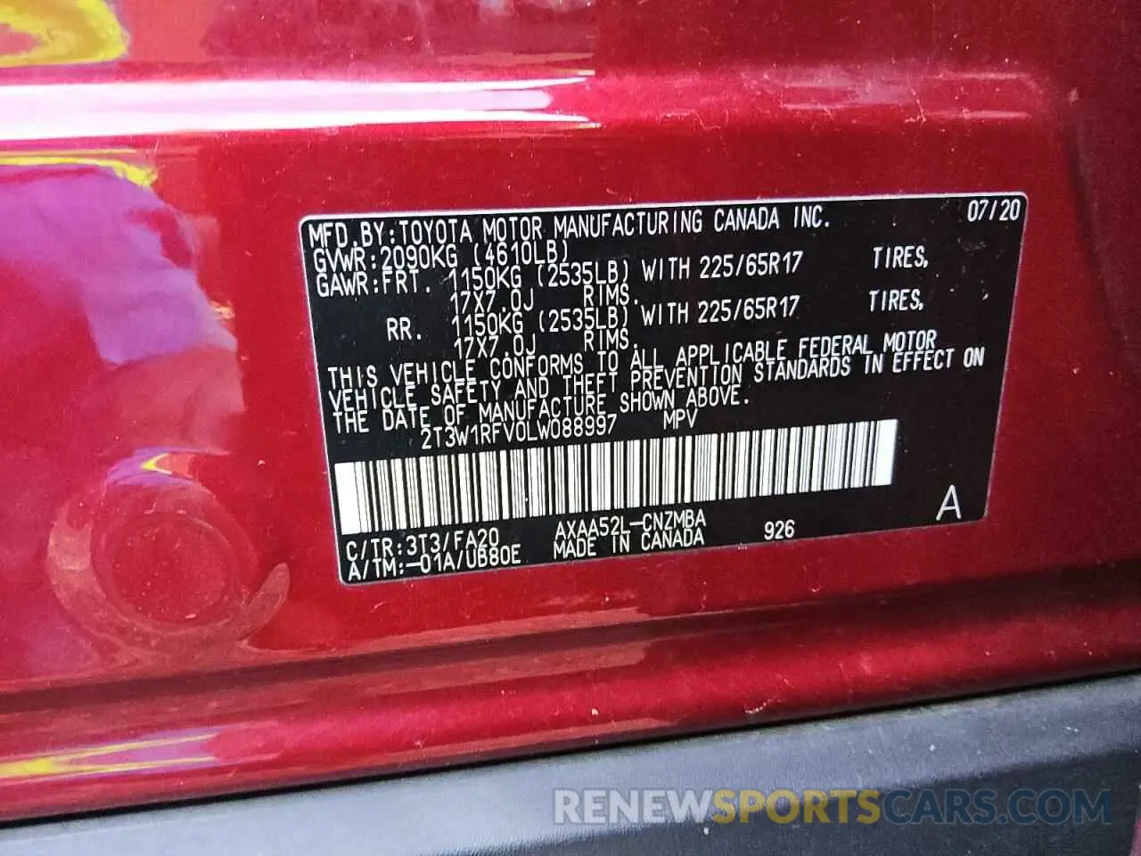 13 Photograph of a damaged car 2T3W1RFV0LW088997 TOYOTA RAV4 2020