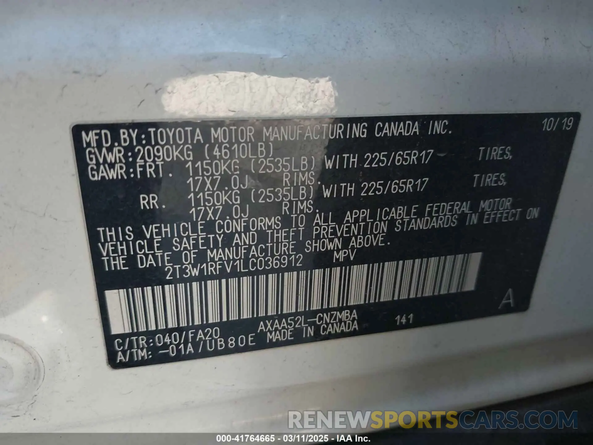 9 Photograph of a damaged car 2T3W1RFV1LC036912 TOYOTA RAV4 2020
