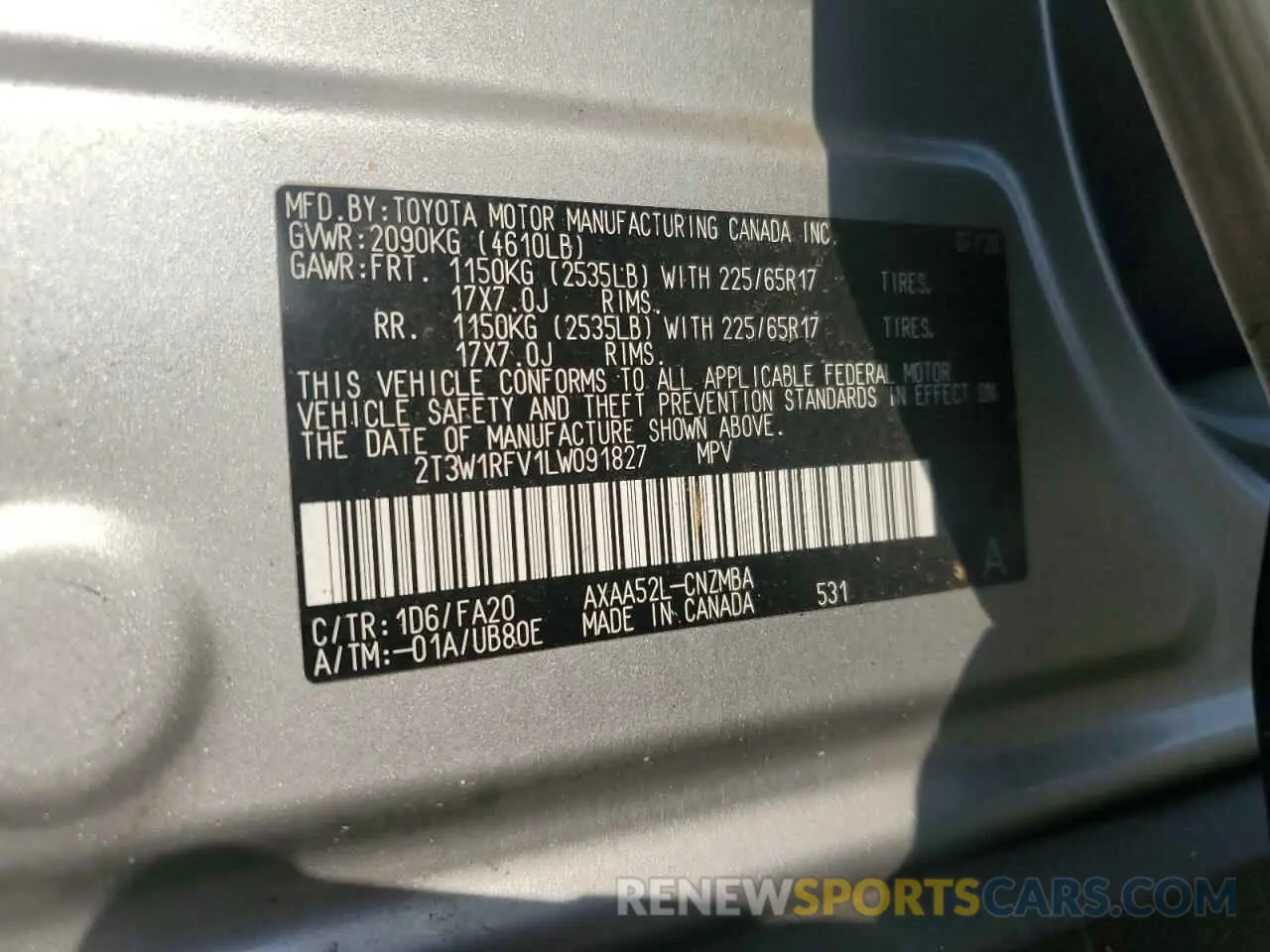13 Photograph of a damaged car 2T3W1RFV1LW091827 TOYOTA RAV4 2020