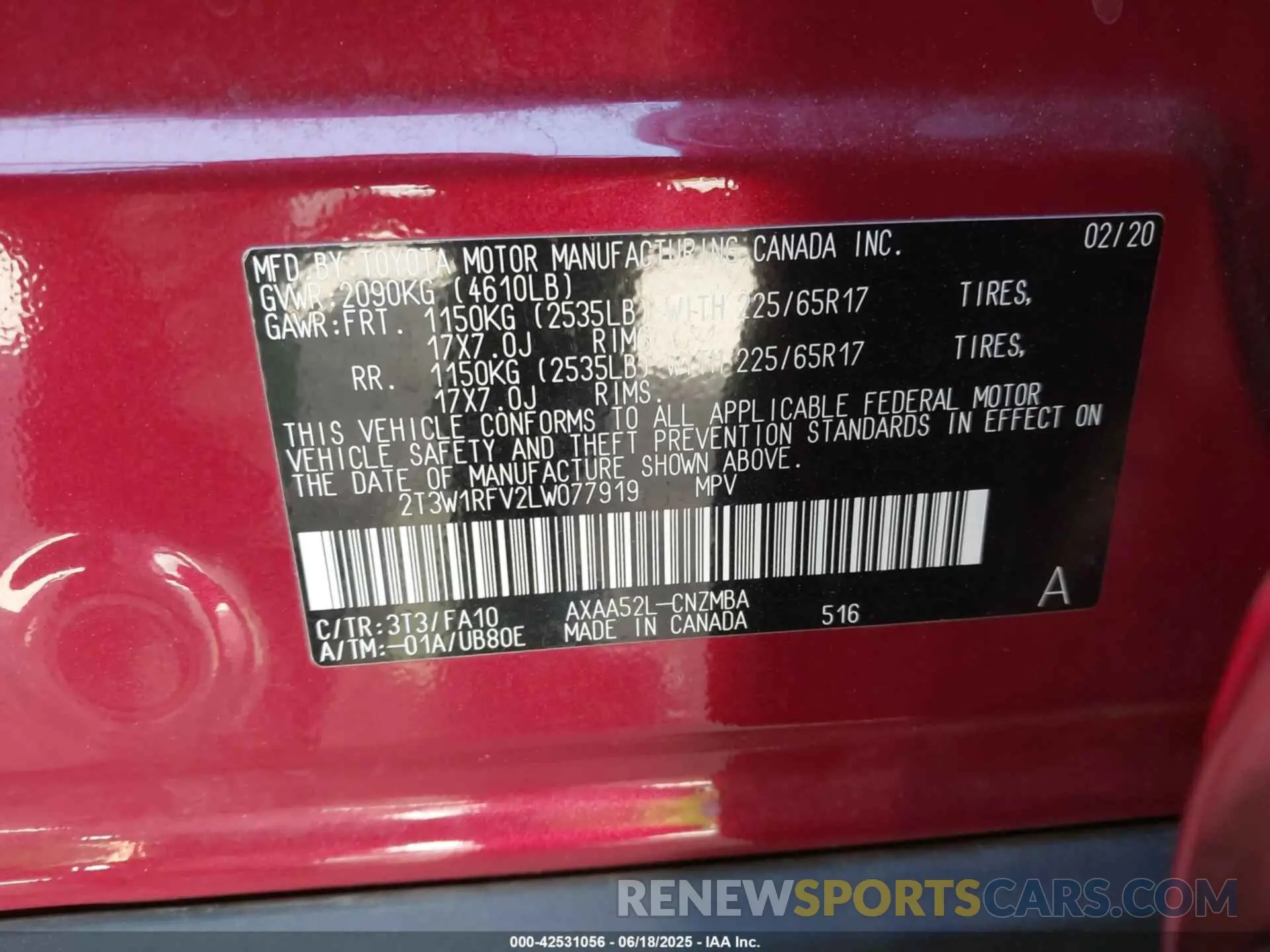 9 Photograph of a damaged car 2T3W1RFV2LW077919 TOYOTA RAV4 2020