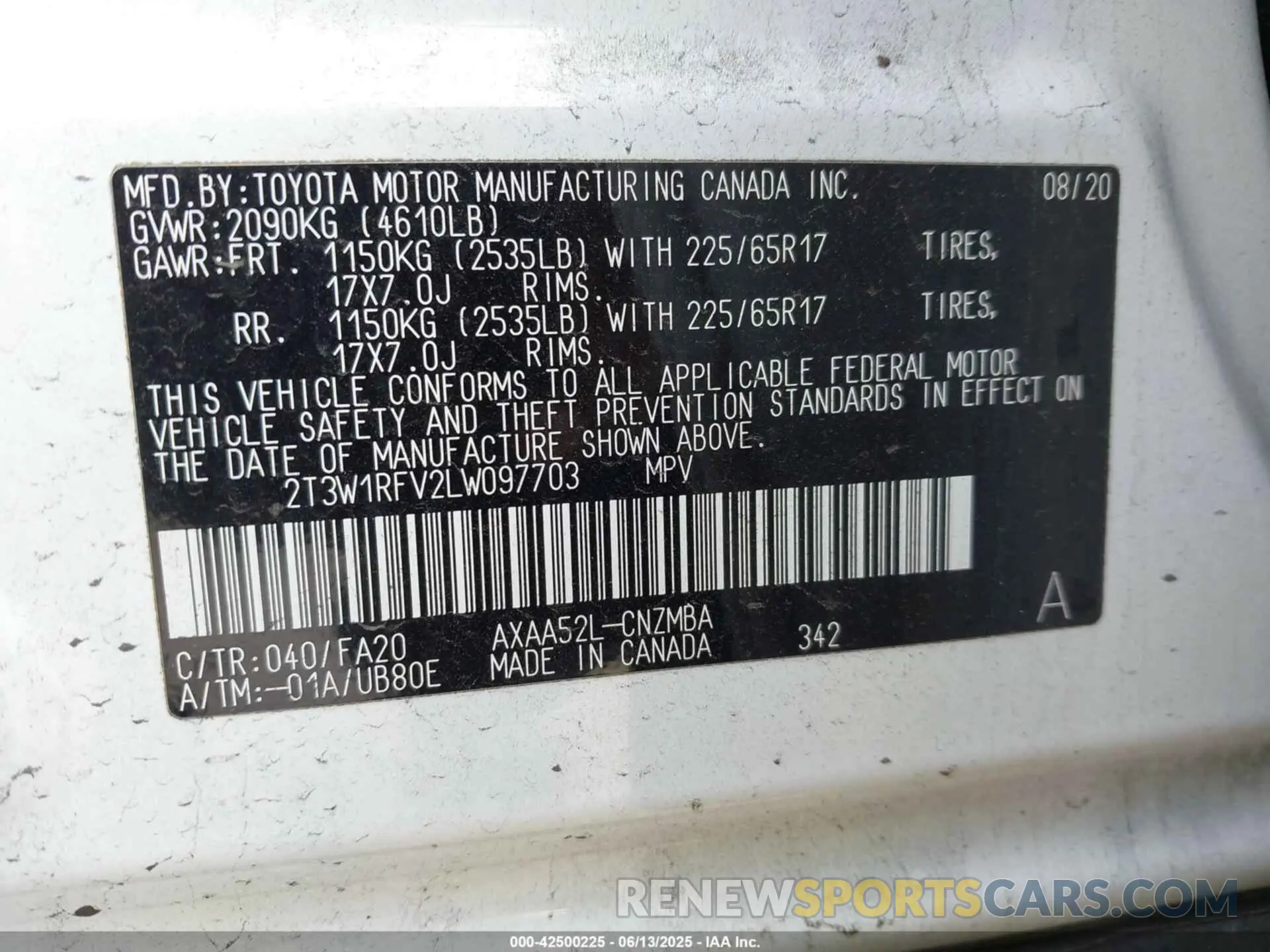 9 Photograph of a damaged car 2T3W1RFV2LW097703 TOYOTA RAV4 2020