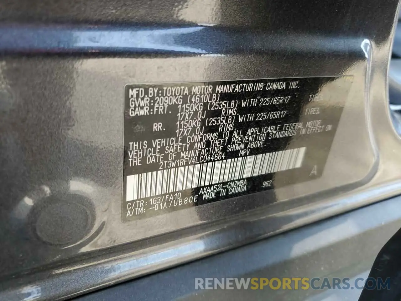 14 Photograph of a damaged car 2T3W1RFV4LC044664 TOYOTA RAV4 2020