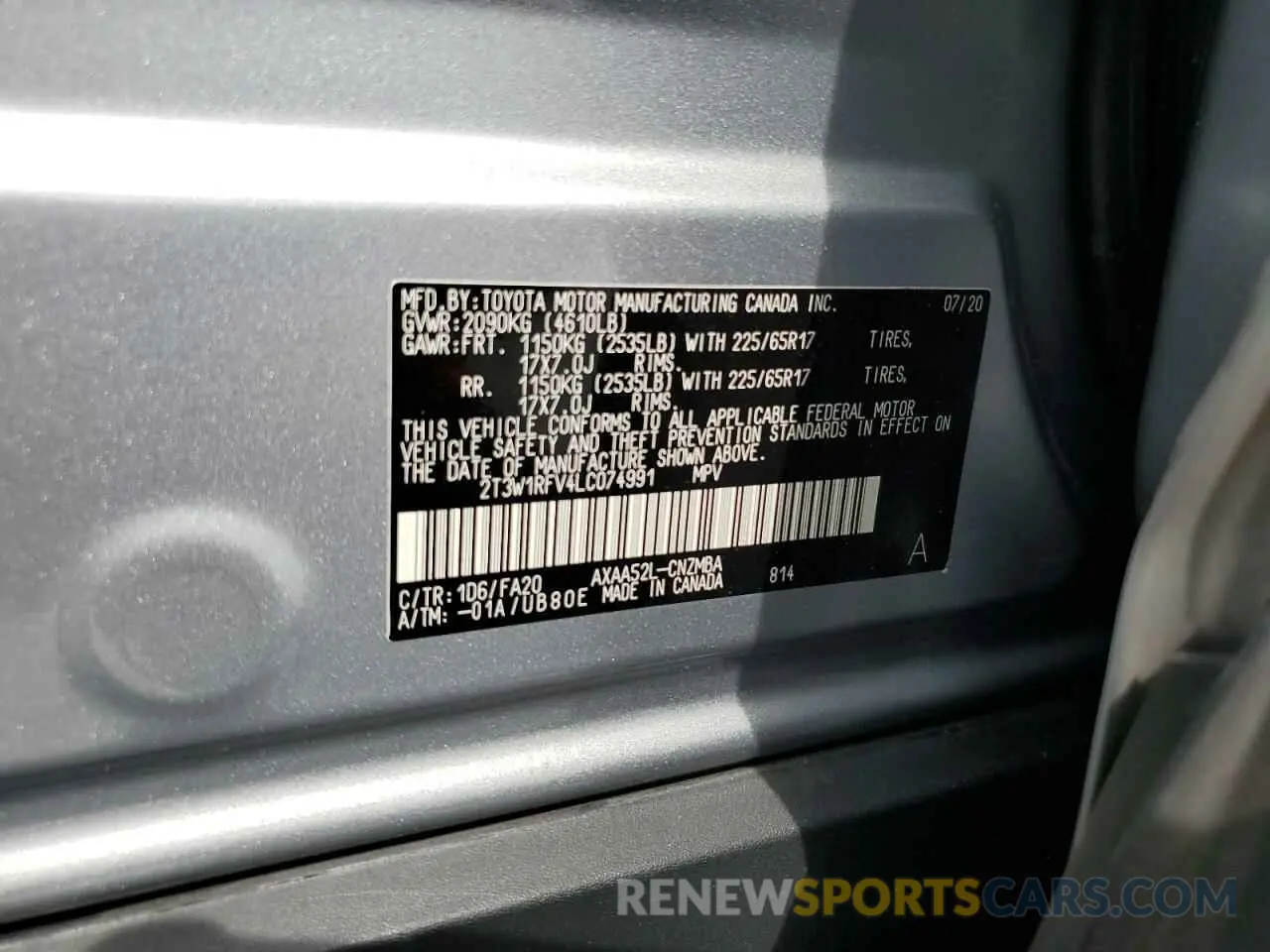14 Photograph of a damaged car 2T3W1RFV4LC074991 TOYOTA RAV4 2020
