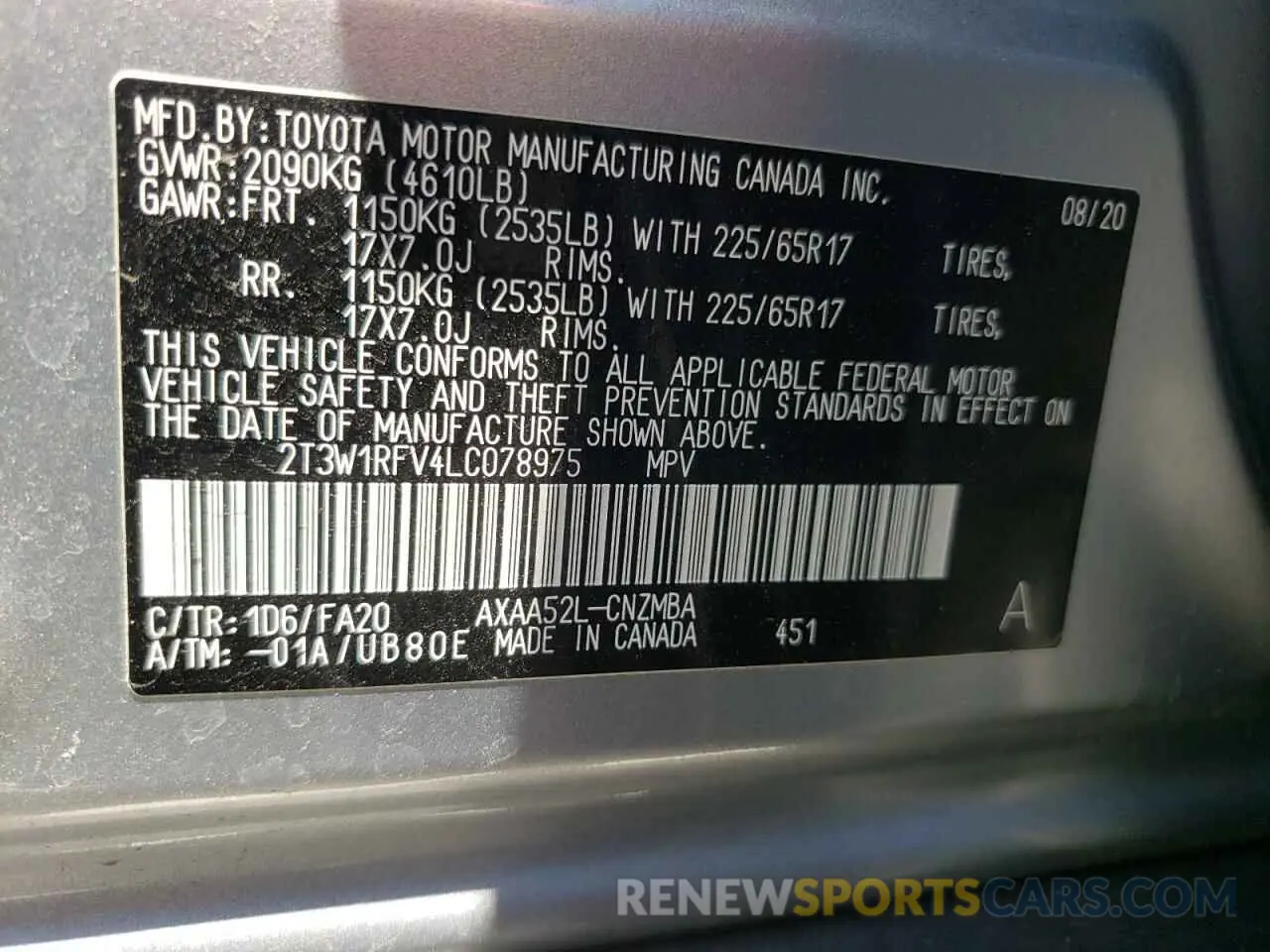 10 Photograph of a damaged car 2T3W1RFV4LC078975 TOYOTA RAV4 2020