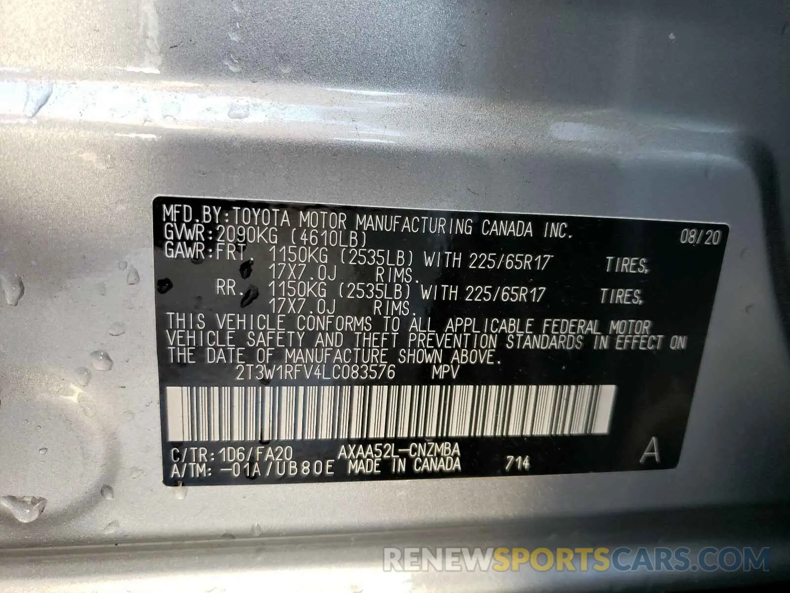 10 Photograph of a damaged car 2T3W1RFV4LC083576 TOYOTA RAV4 2020