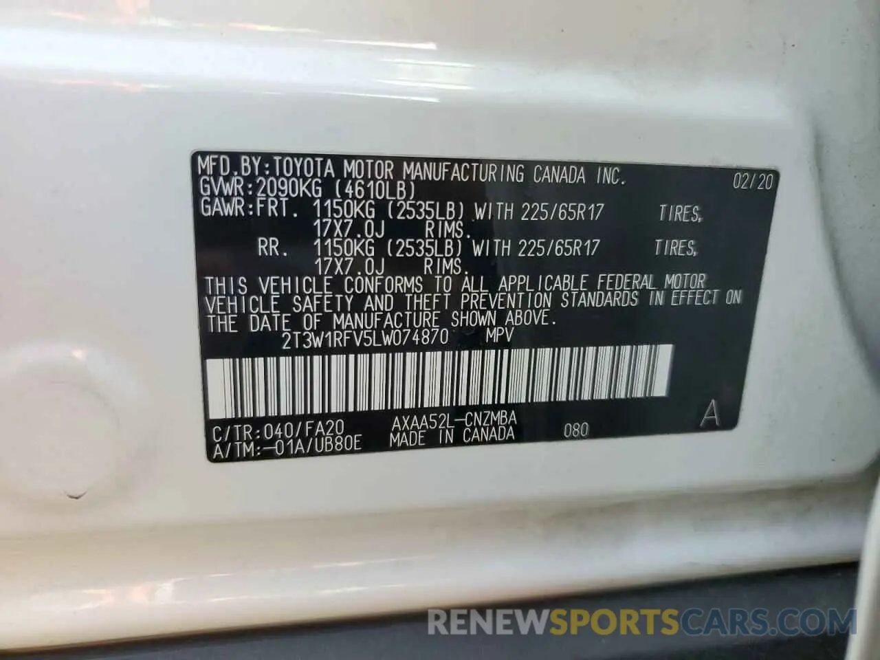 13 Photograph of a damaged car 2T3W1RFV5LW074870 TOYOTA RAV4 2020