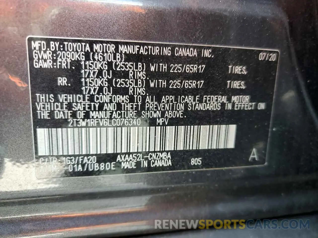 13 Photograph of a damaged car 2T3W1RFV6LC076340 TOYOTA RAV4 2020