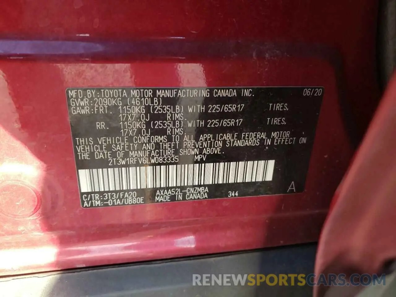 13 Photograph of a damaged car 2T3W1RFV6LW083335 TOYOTA RAV4 2020