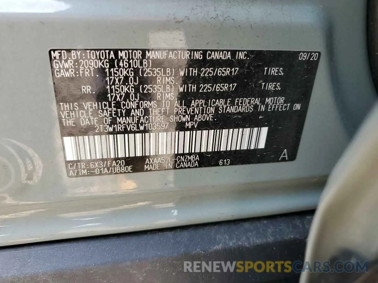14 Photograph of a damaged car 2T3W1RFV6LW103597 TOYOTA RAV4 2020