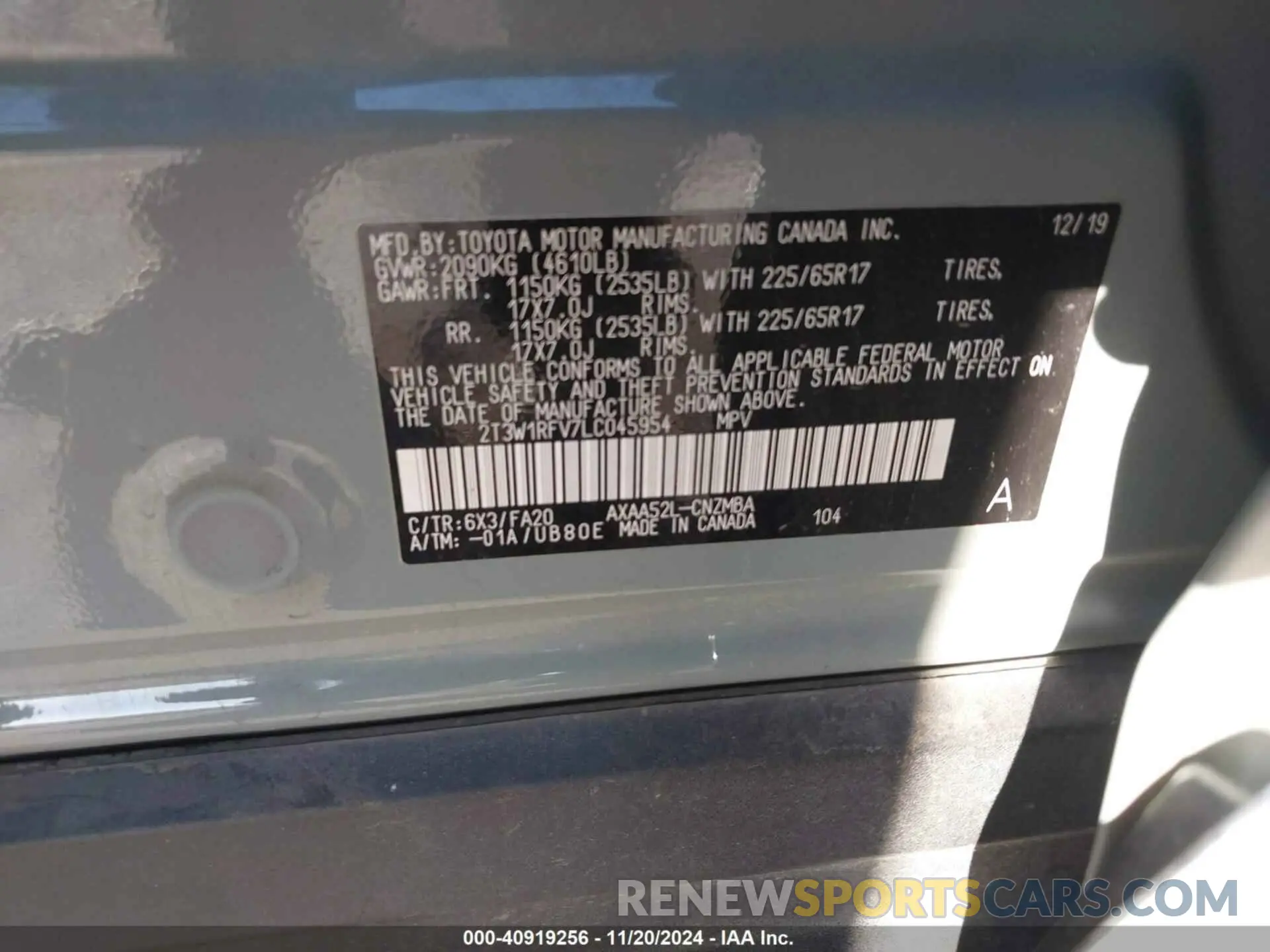 9 Photograph of a damaged car 2T3W1RFV7LC045954 TOYOTA RAV4 2020