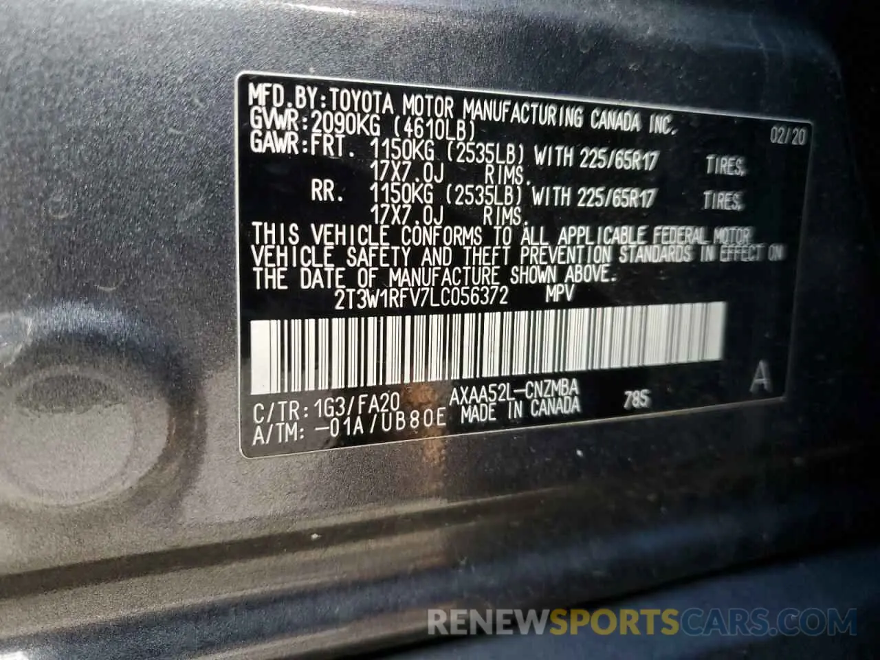 14 Photograph of a damaged car 2T3W1RFV7LC056372 TOYOTA RAV4 2020