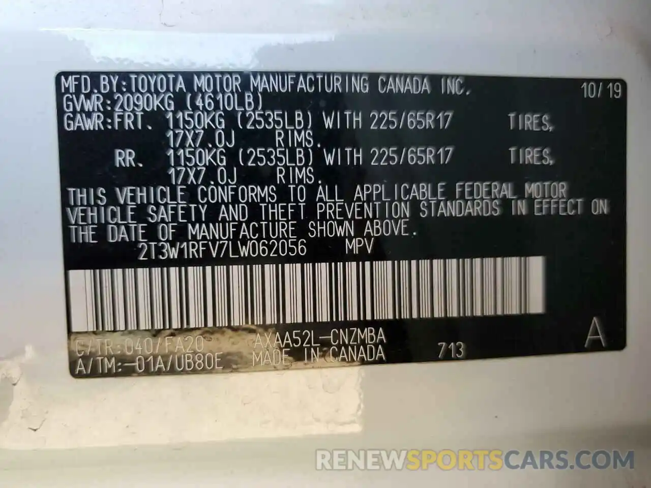 13 Photograph of a damaged car 2T3W1RFV7LW062056 TOYOTA RAV4 2020