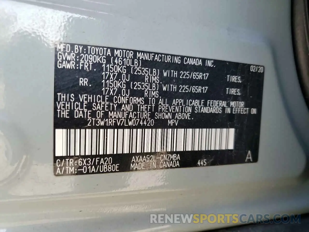 13 Photograph of a damaged car 2T3W1RFV7LW074420 TOYOTA RAV4 2020