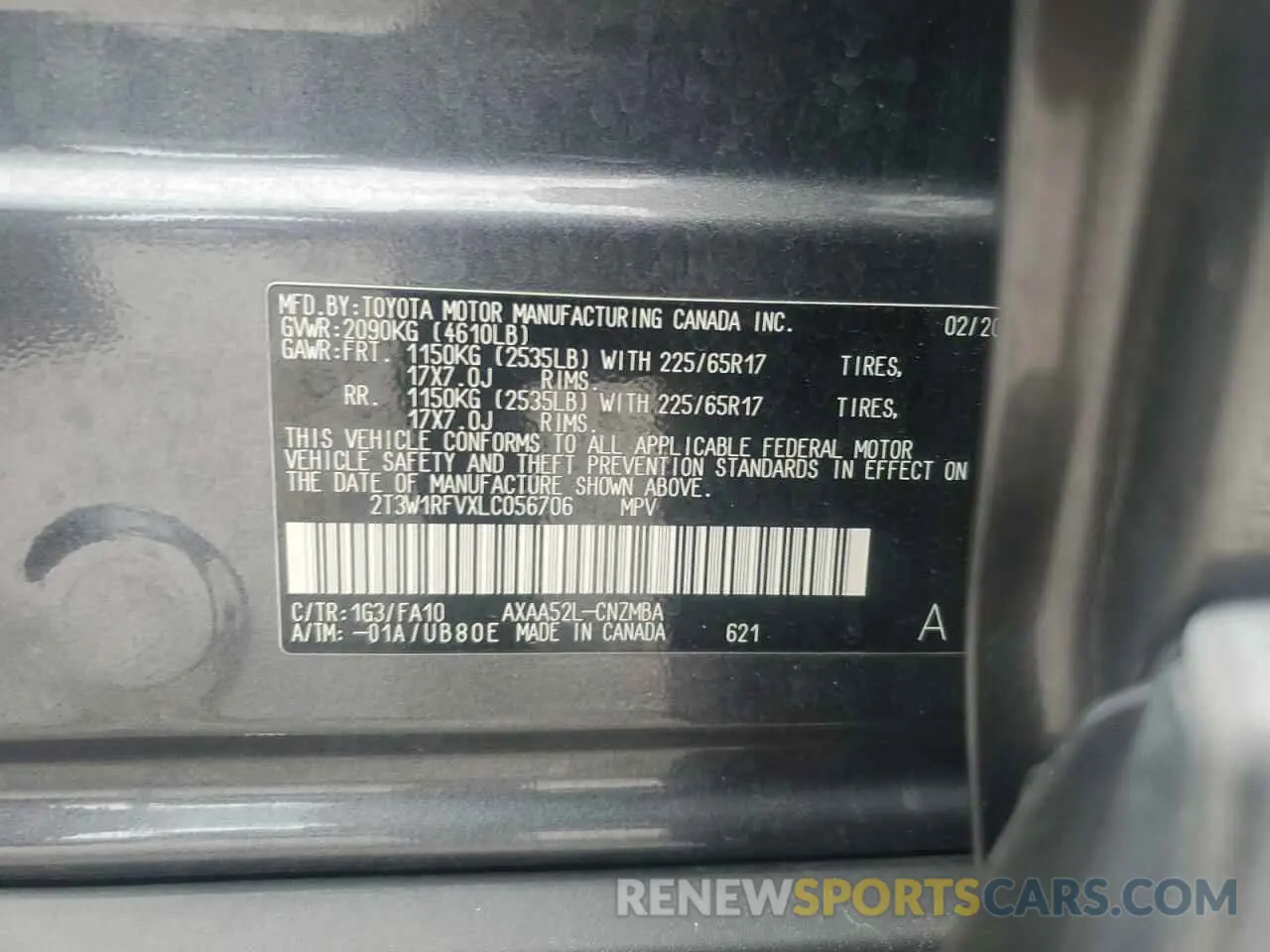 14 Photograph of a damaged car 2T3W1RFVXLC056706 TOYOTA RAV4 2020