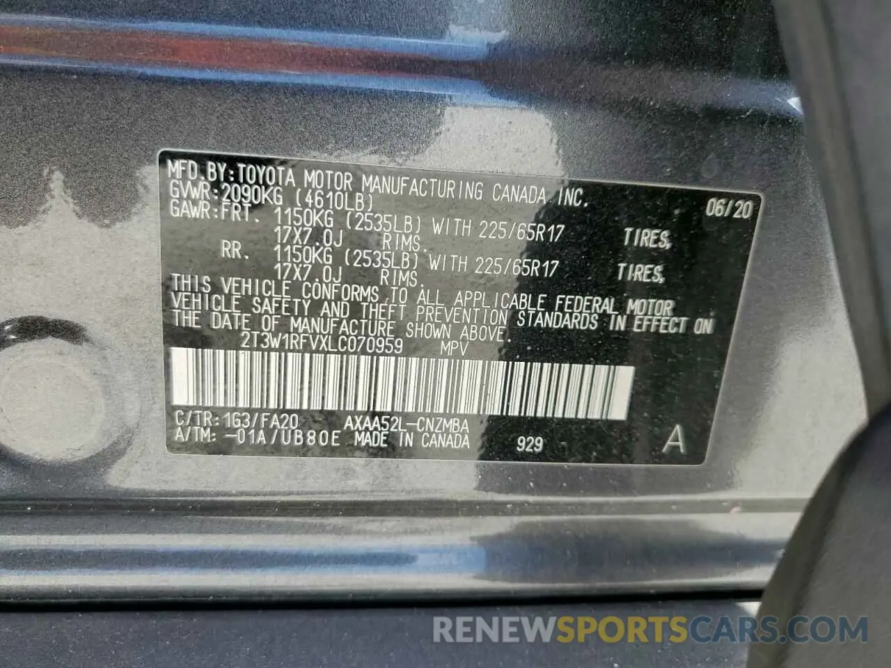 13 Photograph of a damaged car 2T3W1RFVXLC070959 TOYOTA RAV4 2020