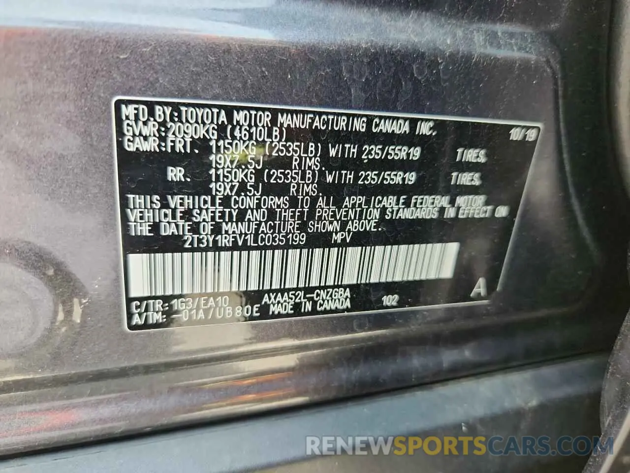 13 Photograph of a damaged car 2T3Y1RFV1LC035199 TOYOTA RAV4 2020