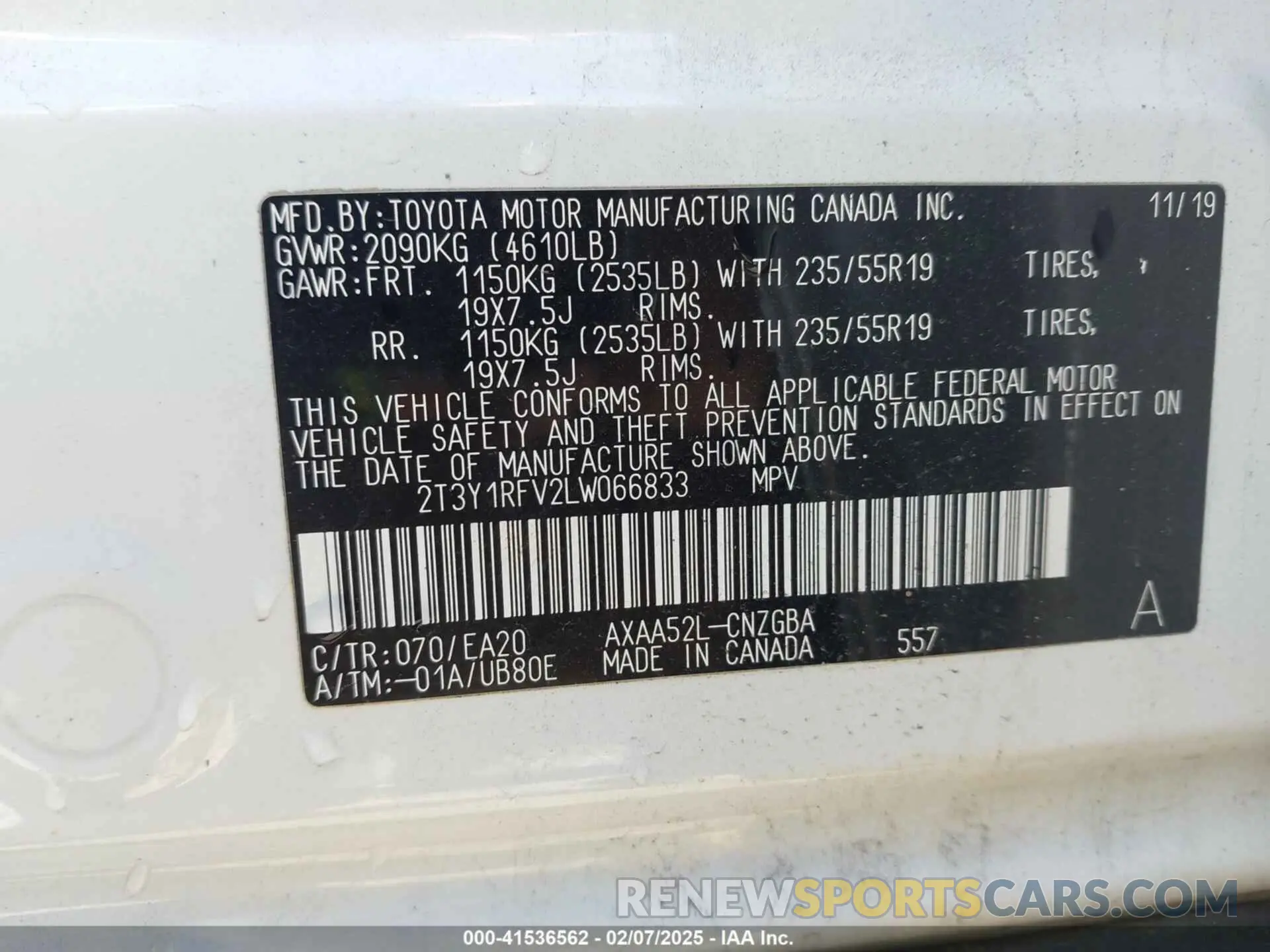9 Photograph of a damaged car 2T3Y1RFV2LW066833 TOYOTA RAV4 2020