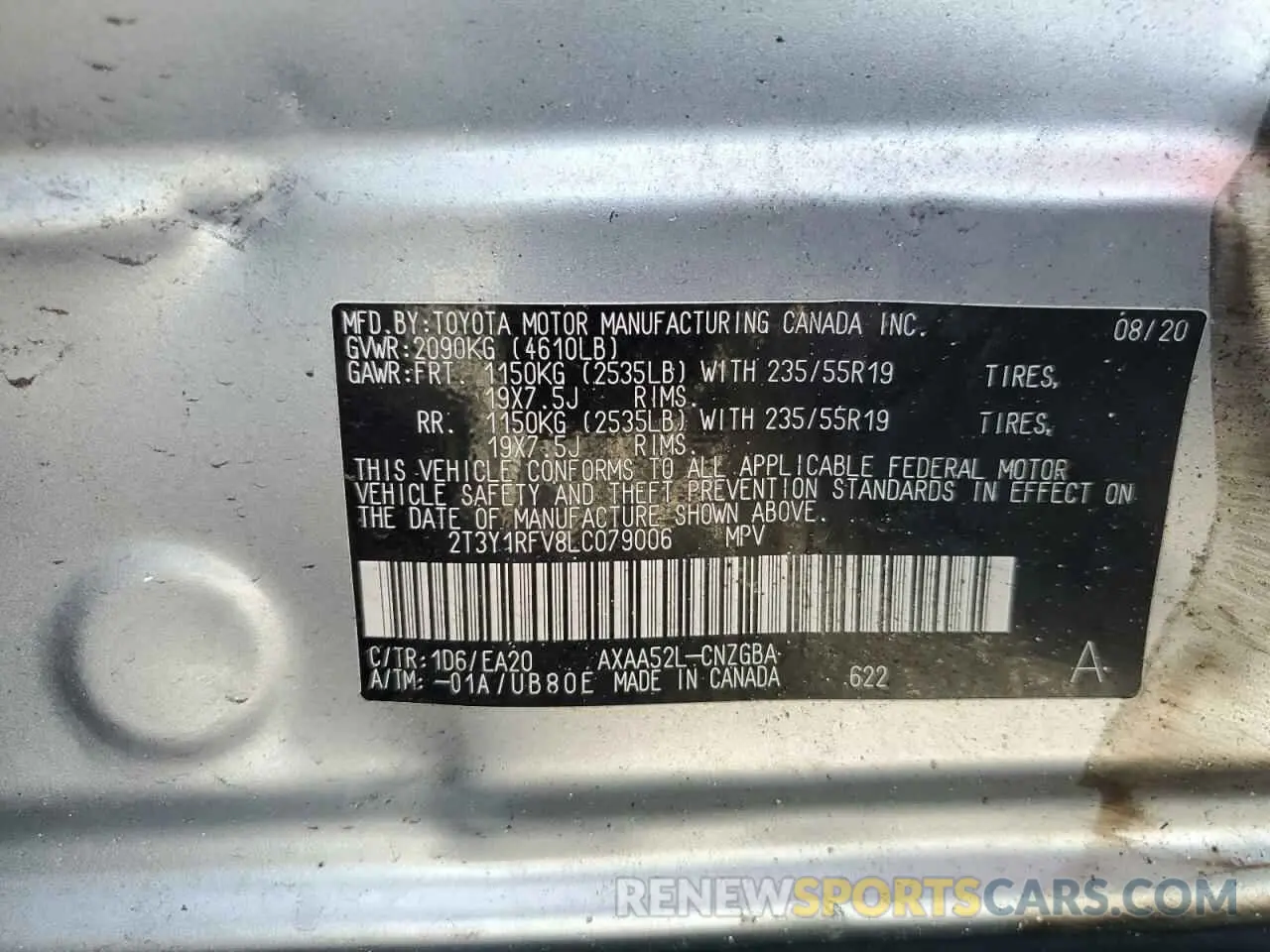12 Photograph of a damaged car 2T3Y1RFV8LC079006 TOYOTA RAV4 2020