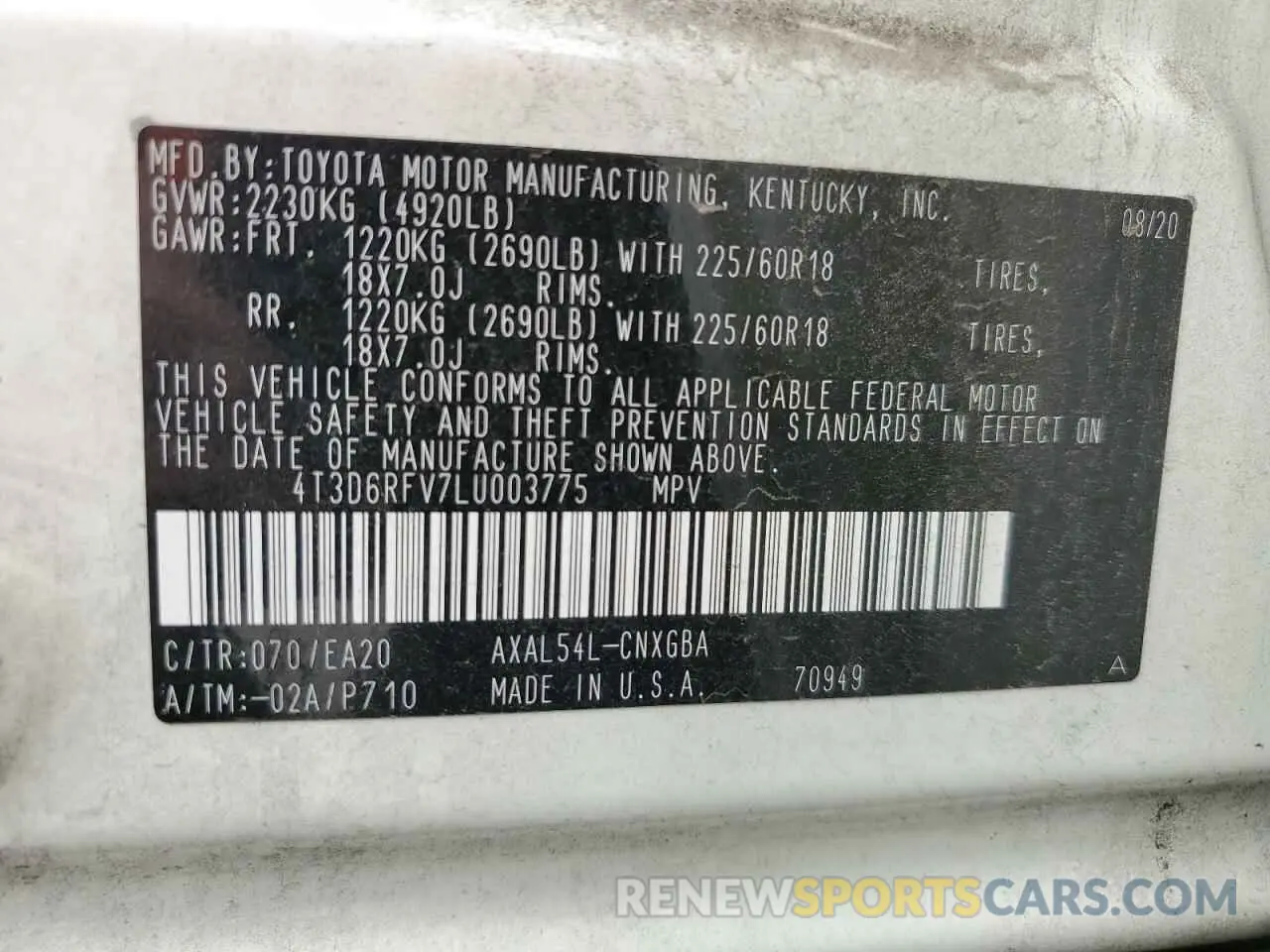 13 Photograph of a damaged car 4T3D6RFV7LU003775 TOYOTA RAV4 2020