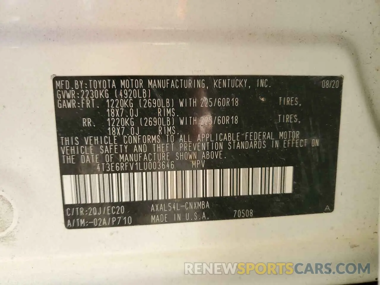 14 Photograph of a damaged car 4T3E6RFV1LU003646 TOYOTA RAV4 2020