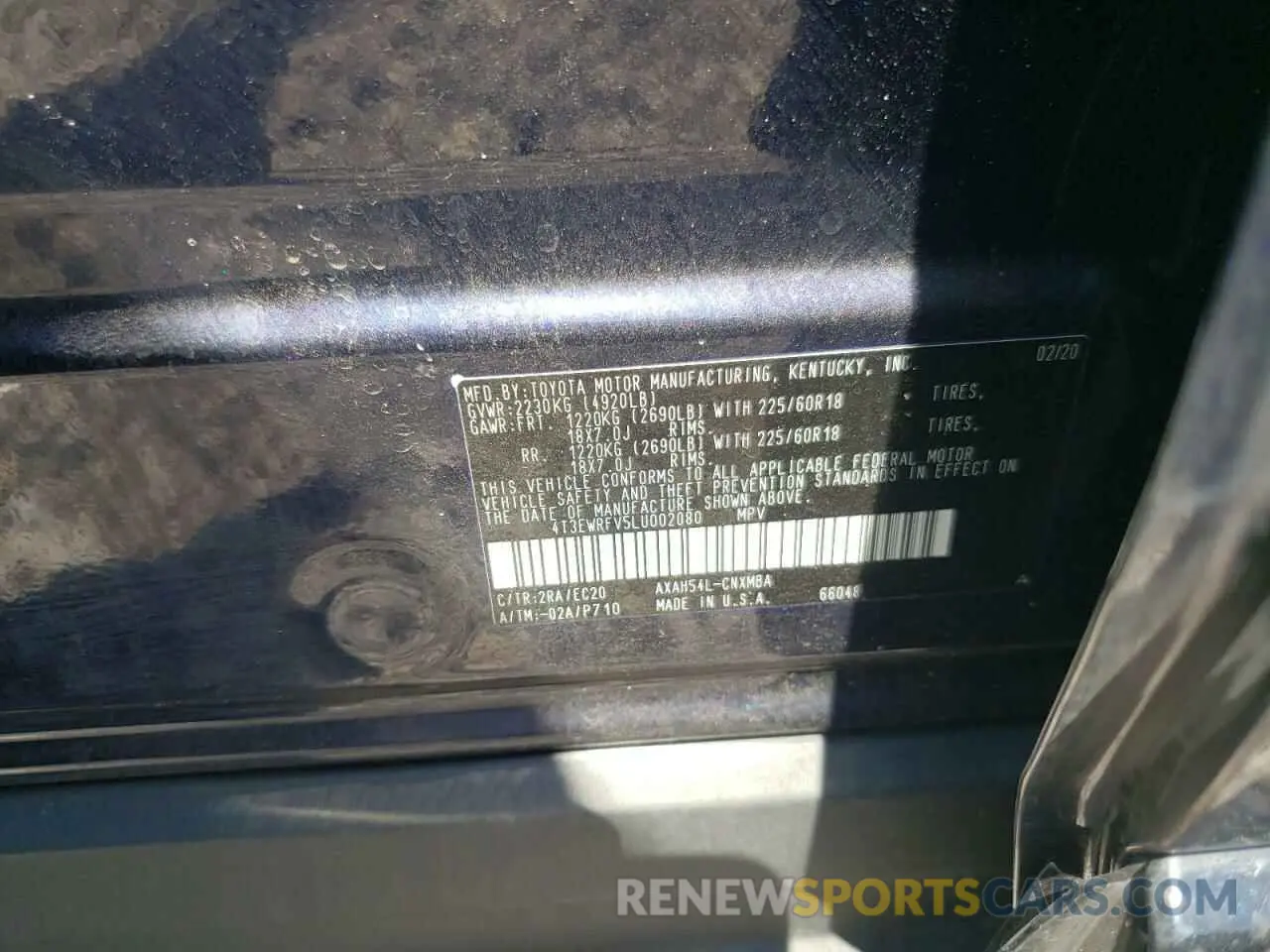 10 Photograph of a damaged car 4T3EWRFV5LU002080 TOYOTA RAV4 2020