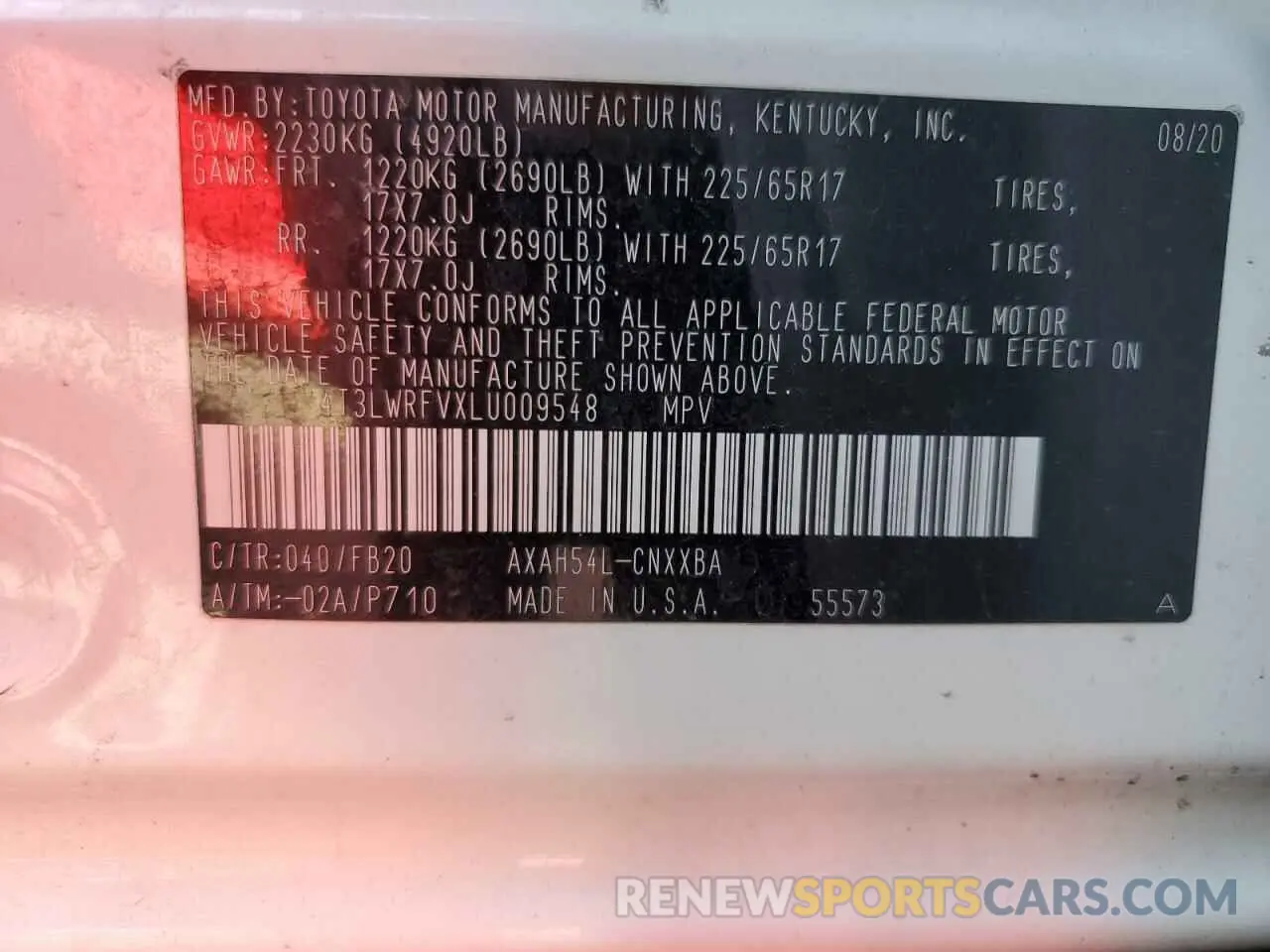 13 Photograph of a damaged car 4T3LWRFVXLU009548 TOYOTA RAV4 2020