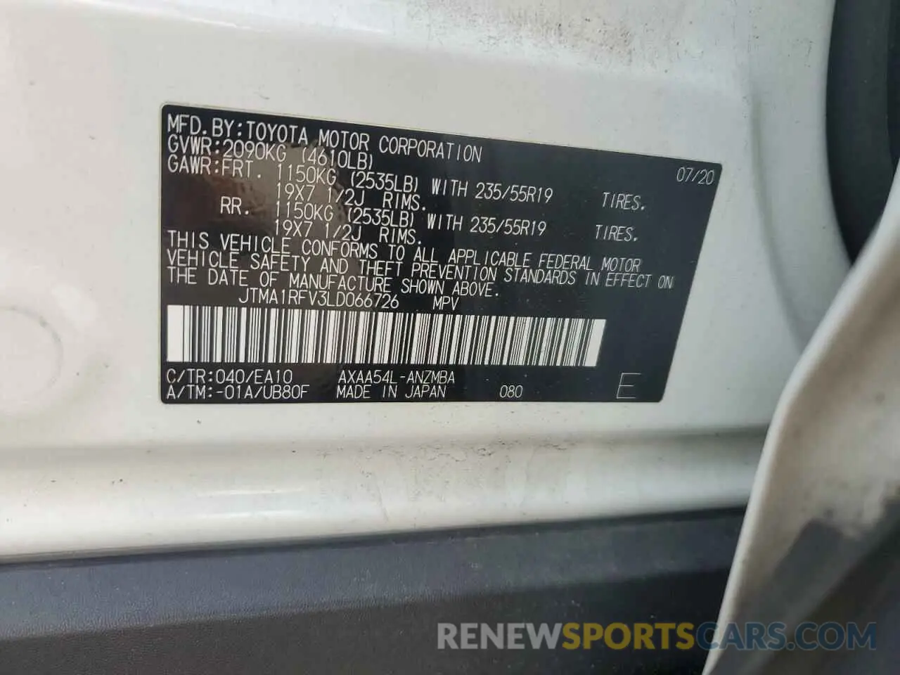13 Photograph of a damaged car JTMA1RFV3LD066726 TOYOTA RAV4 2020