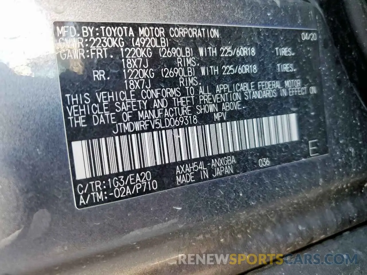 13 Photograph of a damaged car JTMDWRFV5LD069318 TOYOTA RAV4 2020