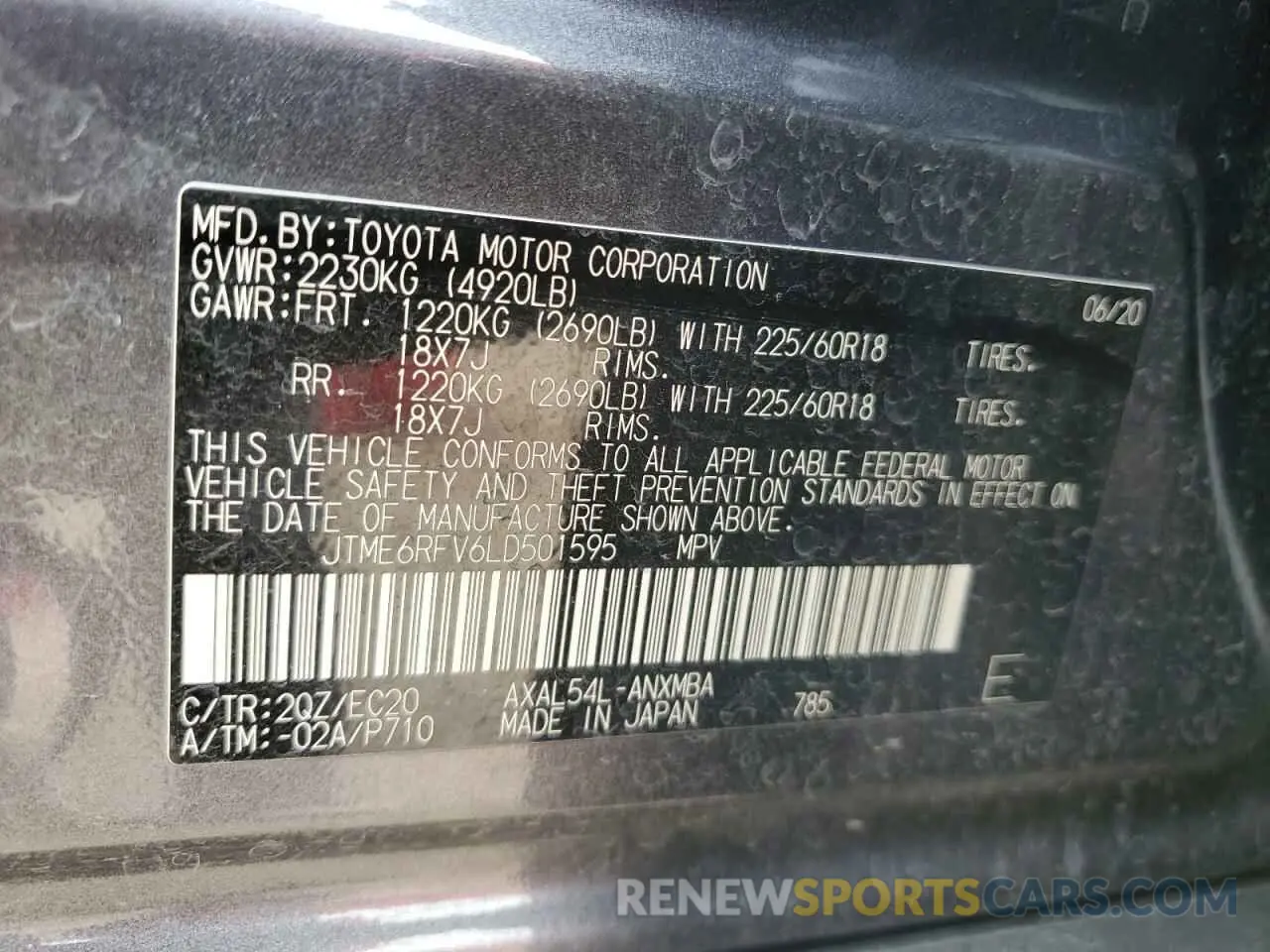 13 Photograph of a damaged car JTME6RFV6LD501595 TOYOTA RAV4 2020