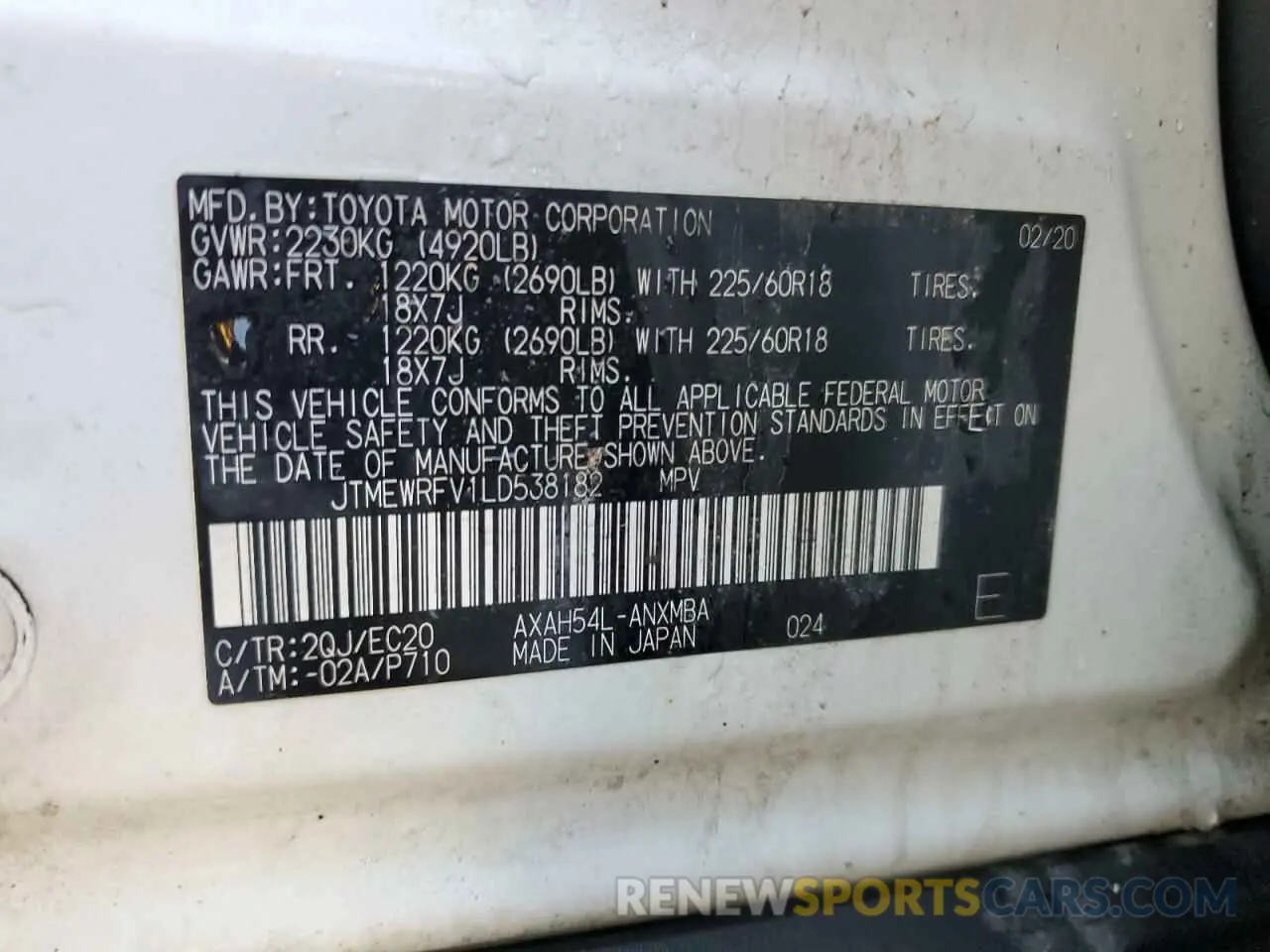 14 Photograph of a damaged car JTMEWRFV1LD538182 TOYOTA RAV4 2020