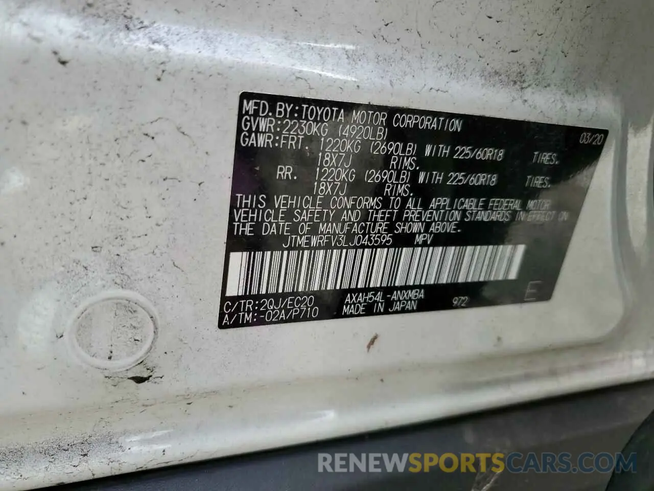 13 Photograph of a damaged car JTMEWRFV3LJ043595 TOYOTA RAV4 2020
