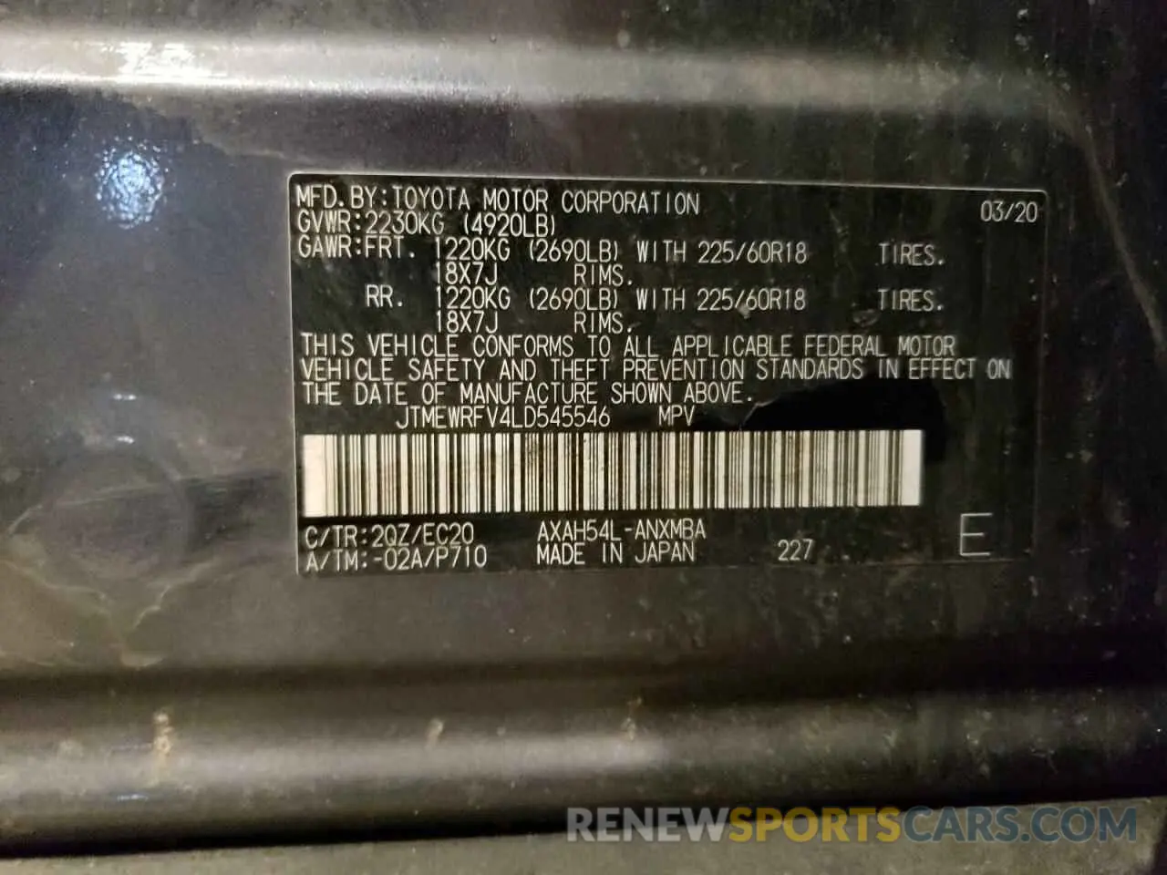 12 Photograph of a damaged car JTMEWRFV4LD545546 TOYOTA RAV4 2020