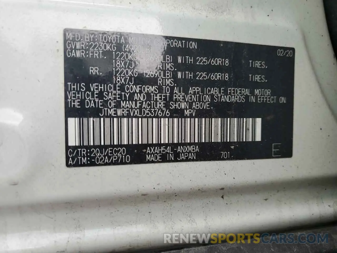14 Photograph of a damaged car JTMEWRFVXLD537676 TOYOTA RAV4 2020